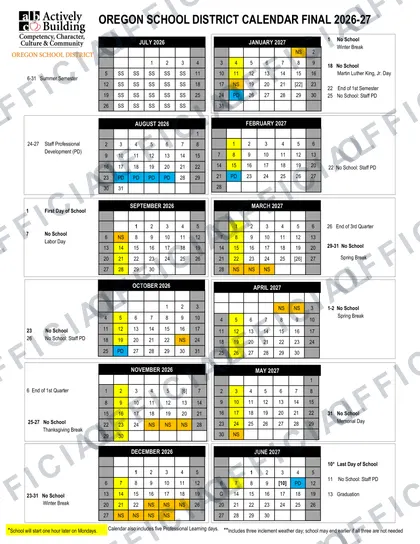 Oregon School District 2026-27 calendar