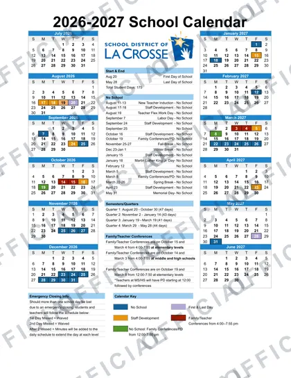 School District of LaCrosse 2026-27 calendar