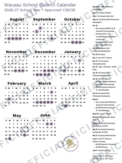 Wausau School District 2026-27 calendar