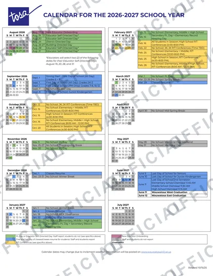 Wauwatosa School District 2026-27 calendar