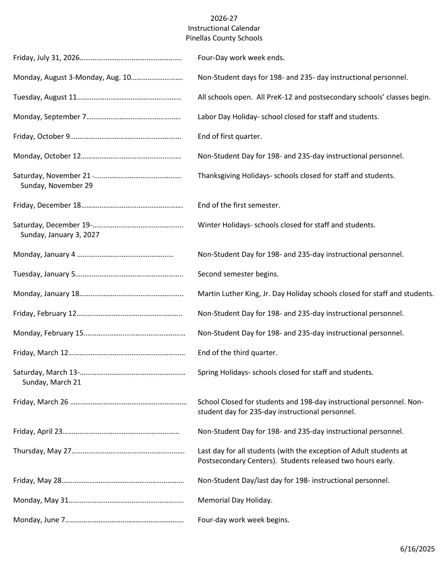 Pinellas County Schools Calendar 26 27 Updated (PDF)