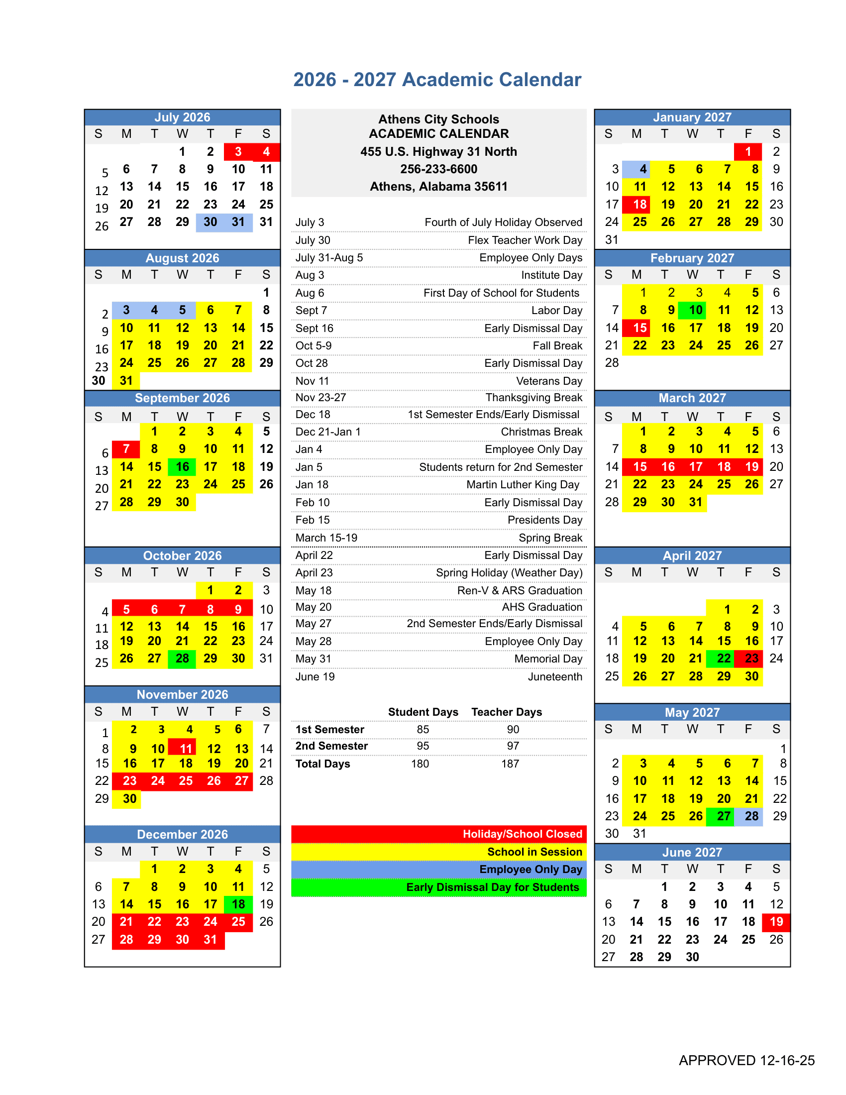 Athens City Schools Calendar 26-27 Revised
