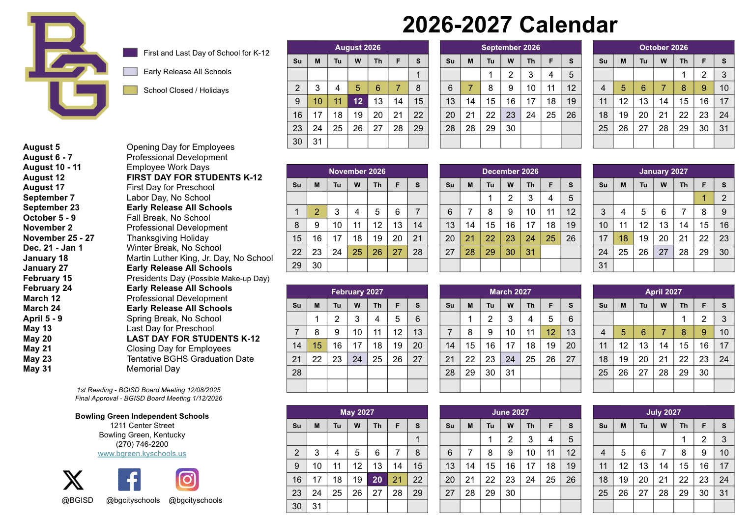Bowling Green Independent Schools 26-27 Calendar Updates[PDF]