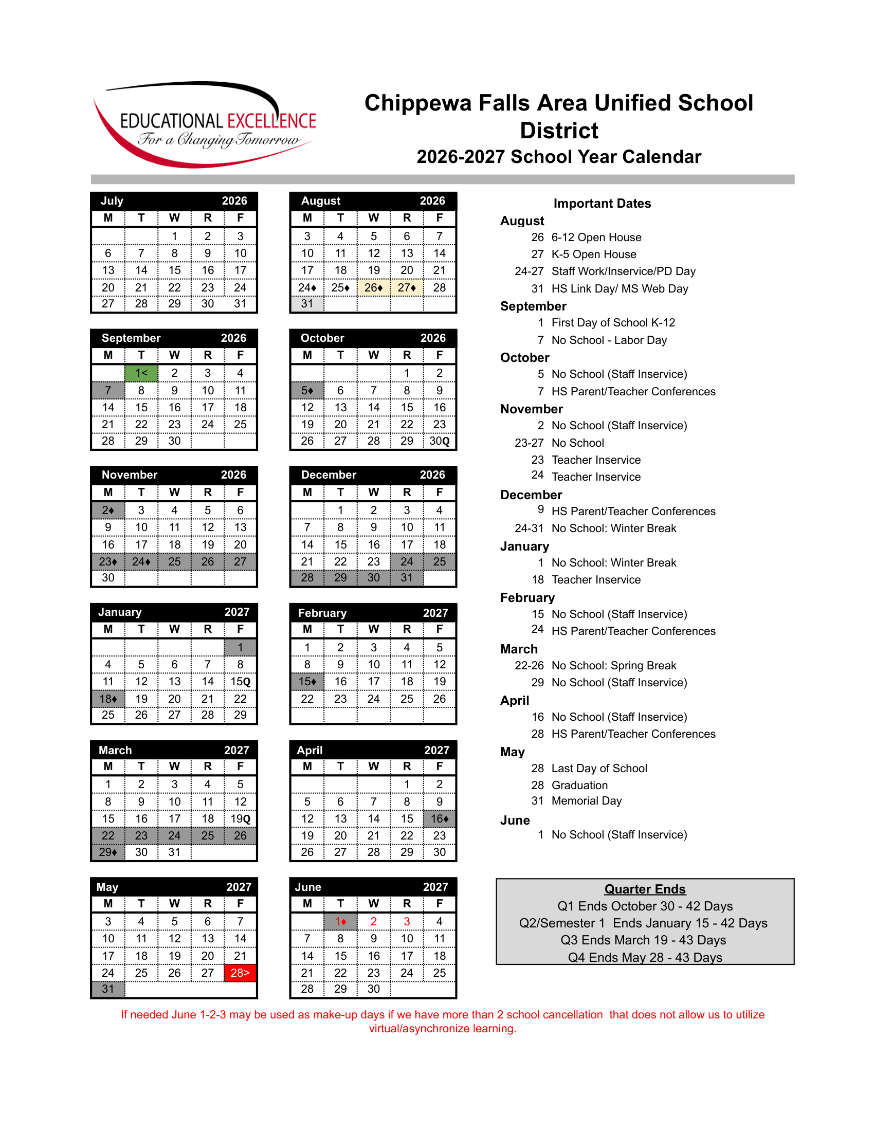 Chippewa Falls Area Unified School District Calendar 26-27 Updates