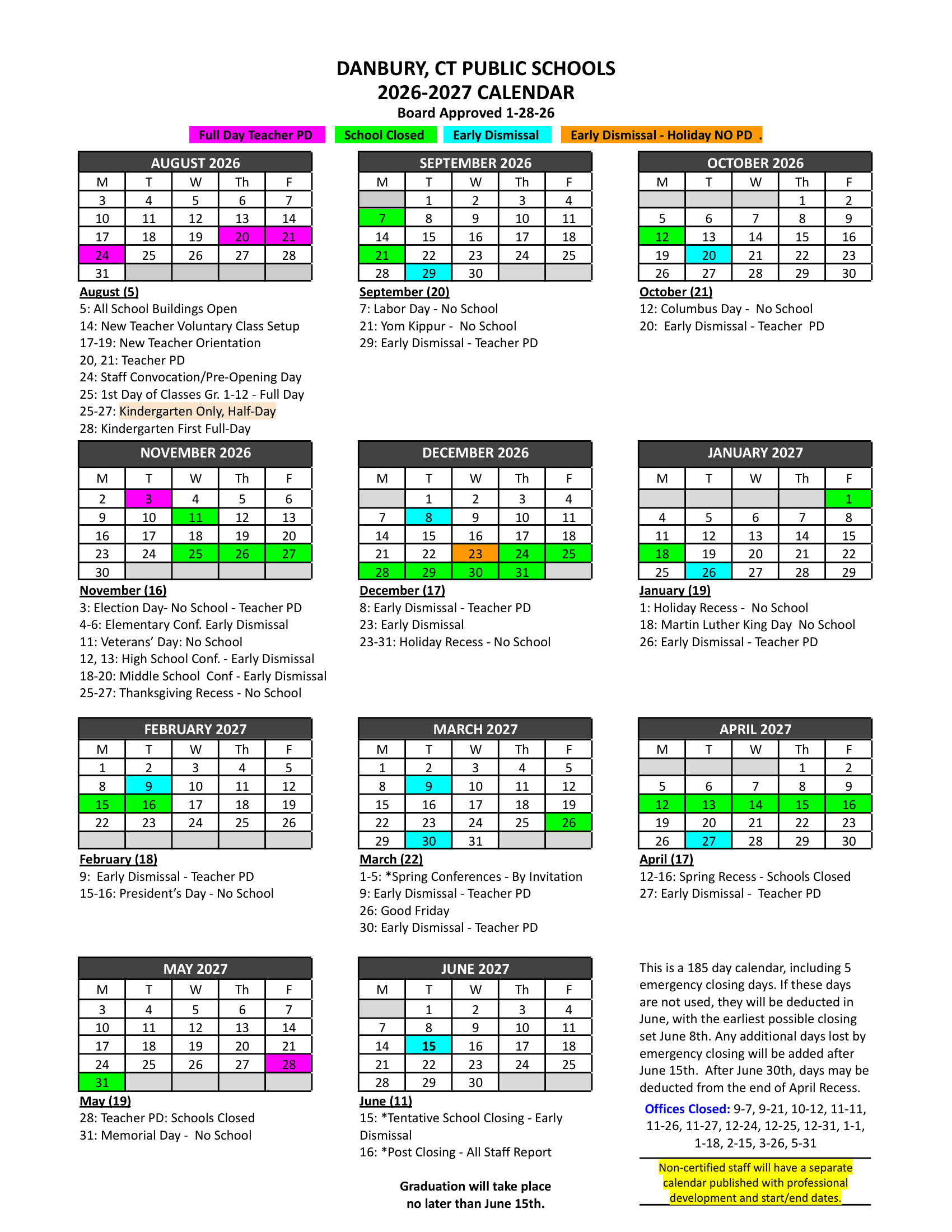 Danbury Public Schools CT 26-27 Calendar Updated [PDF]