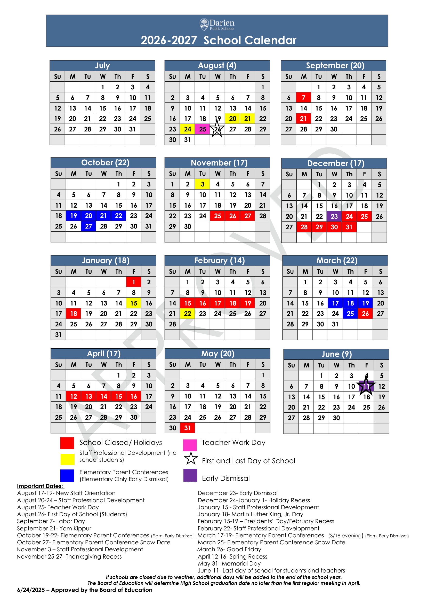 Darien Public Schools CT 26-27 Calendar Updated [PDF]