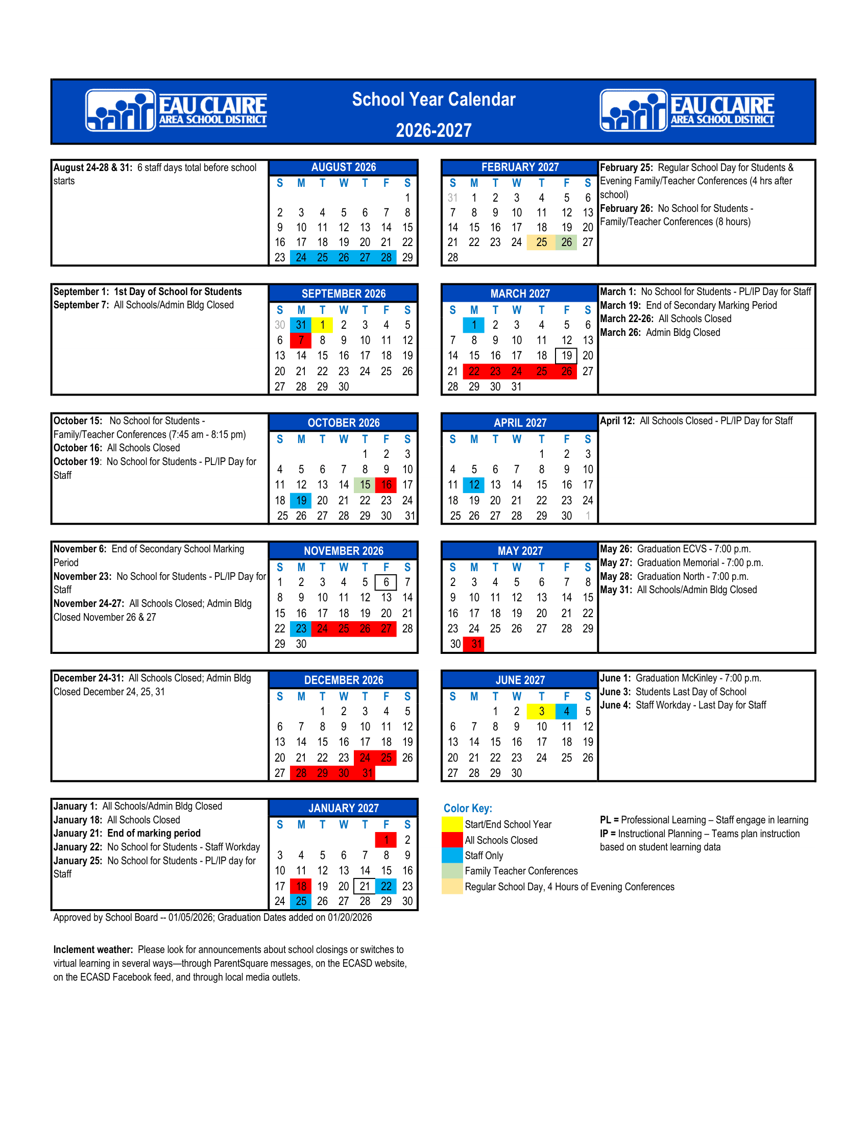 Eau Claire Area School District Calendar 26-27 Updates [pdf]