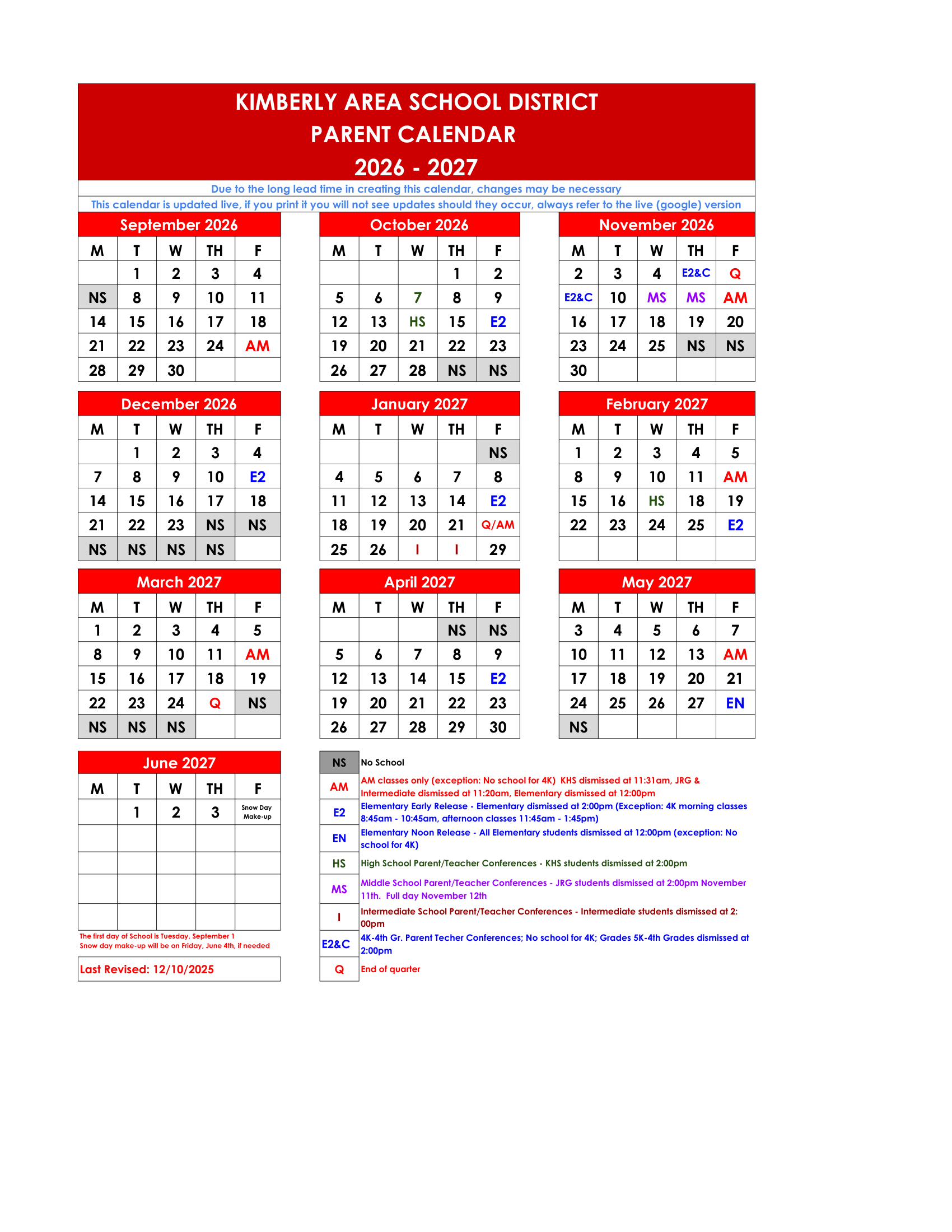 Kimberly Area School District Calendar 26-27 Updates