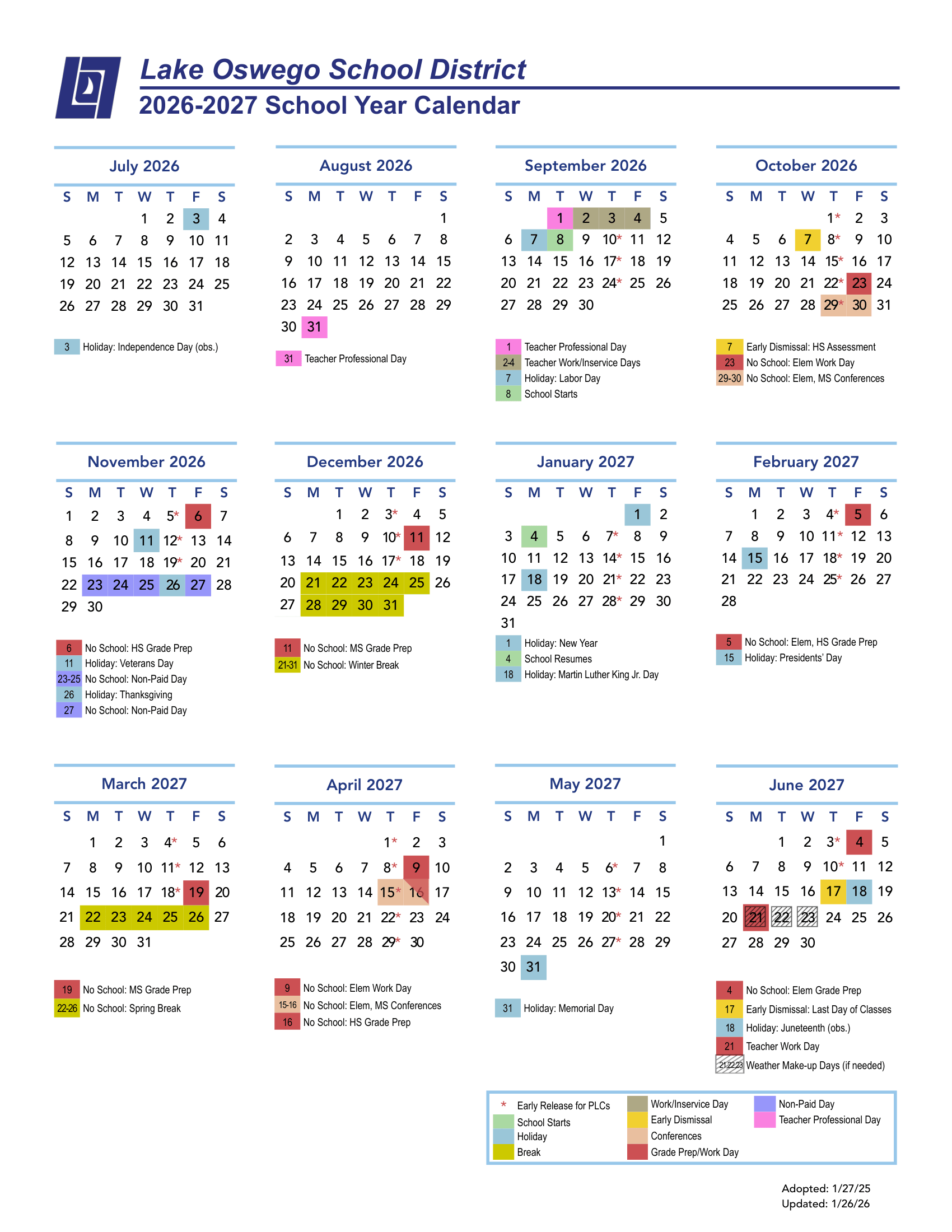 Lake Oswego School District, OR Calendar 26-27 Updated [PDF]