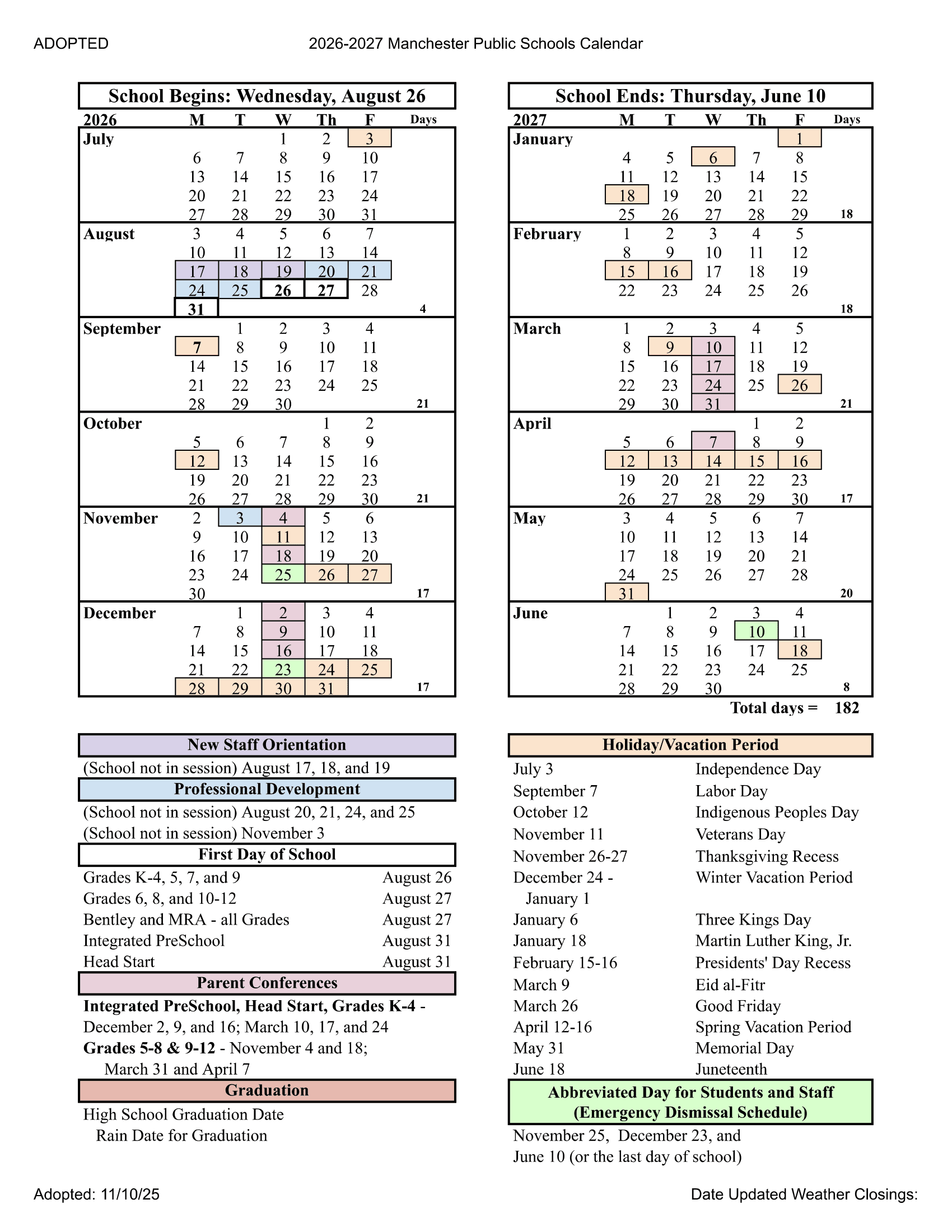 Manchester Public Schools CT 26-27 Calendar Updated [PDF]