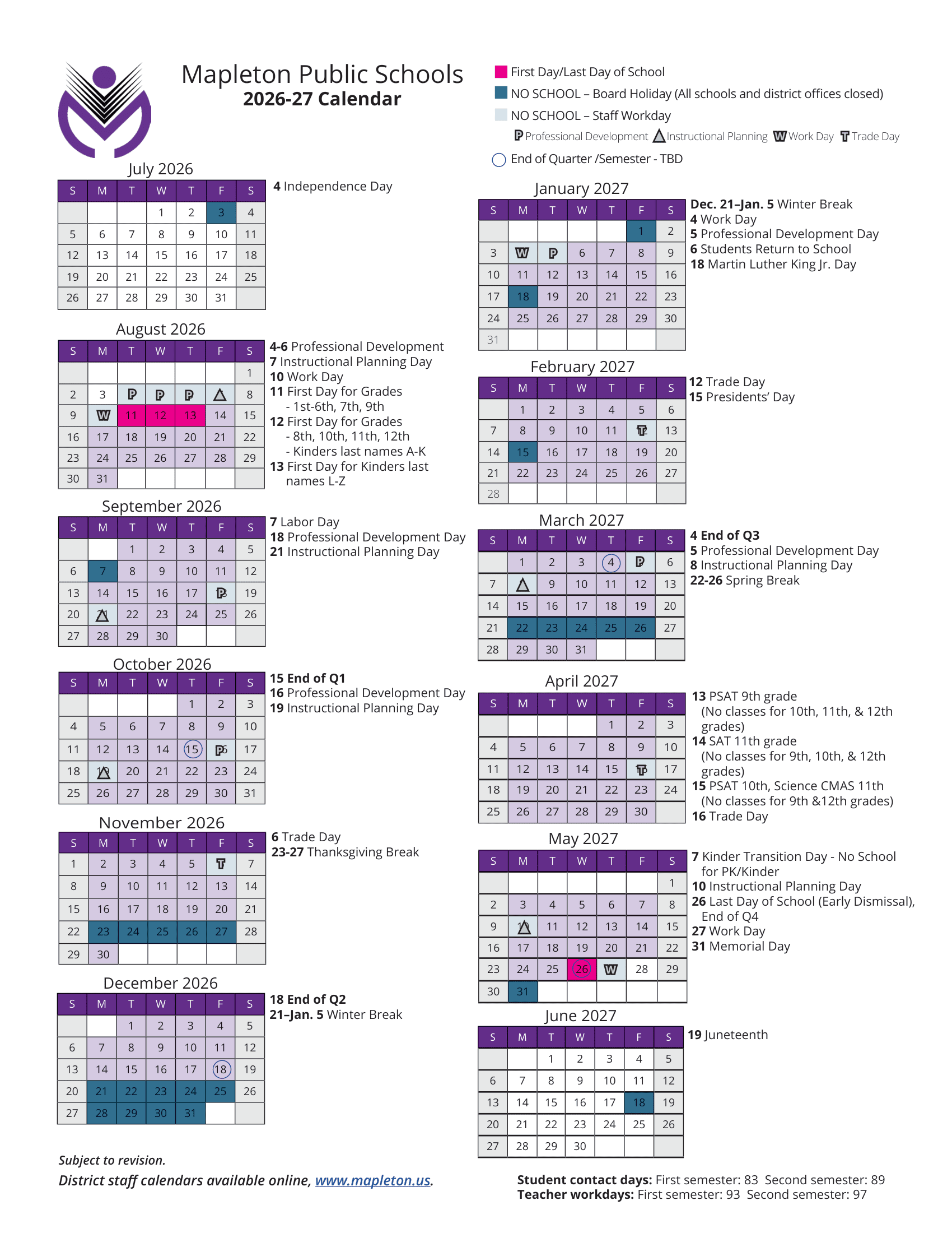 Mapleton Public Schools 26-27 Calendar Updates