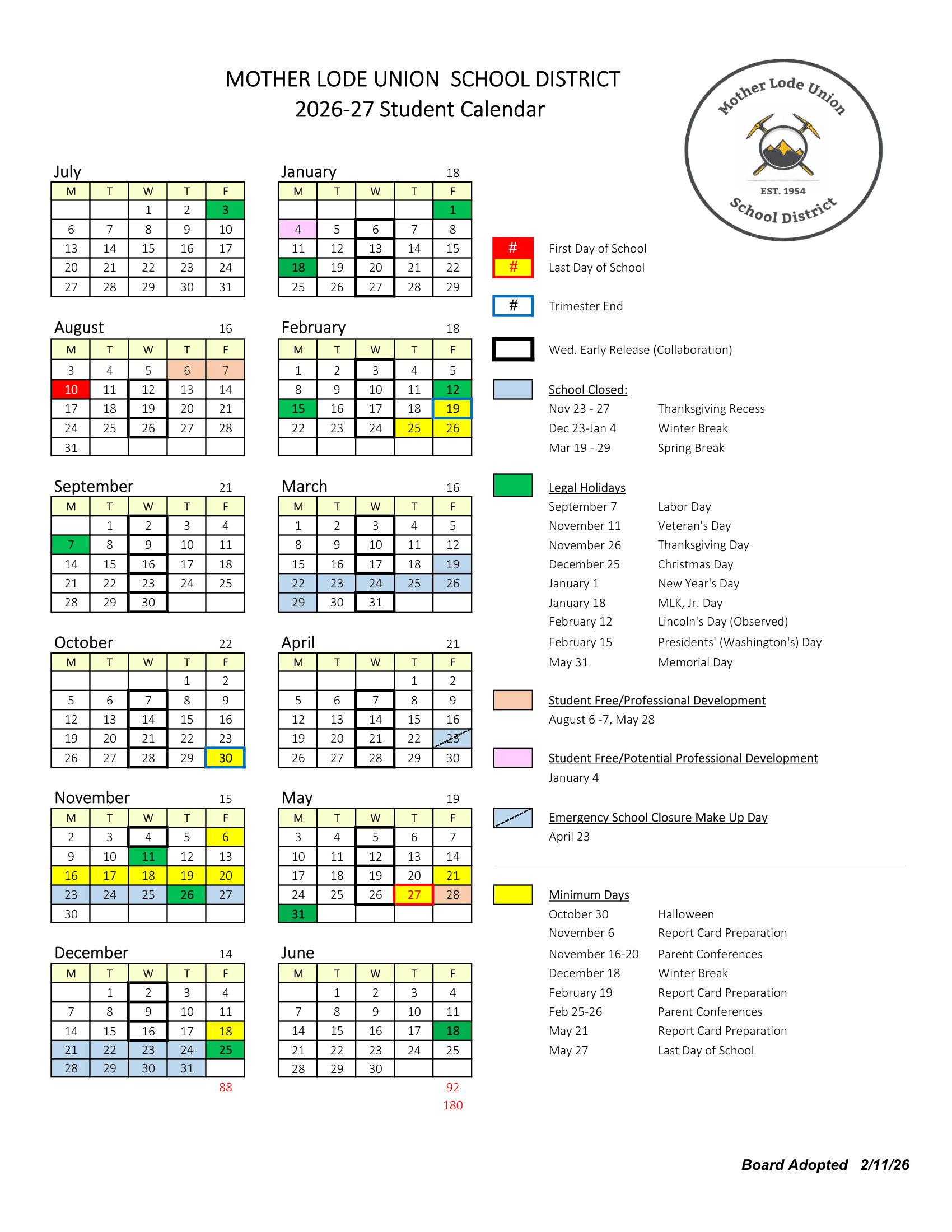 Mother Lode Union School District 26-27 Calendar Updated [PDF]