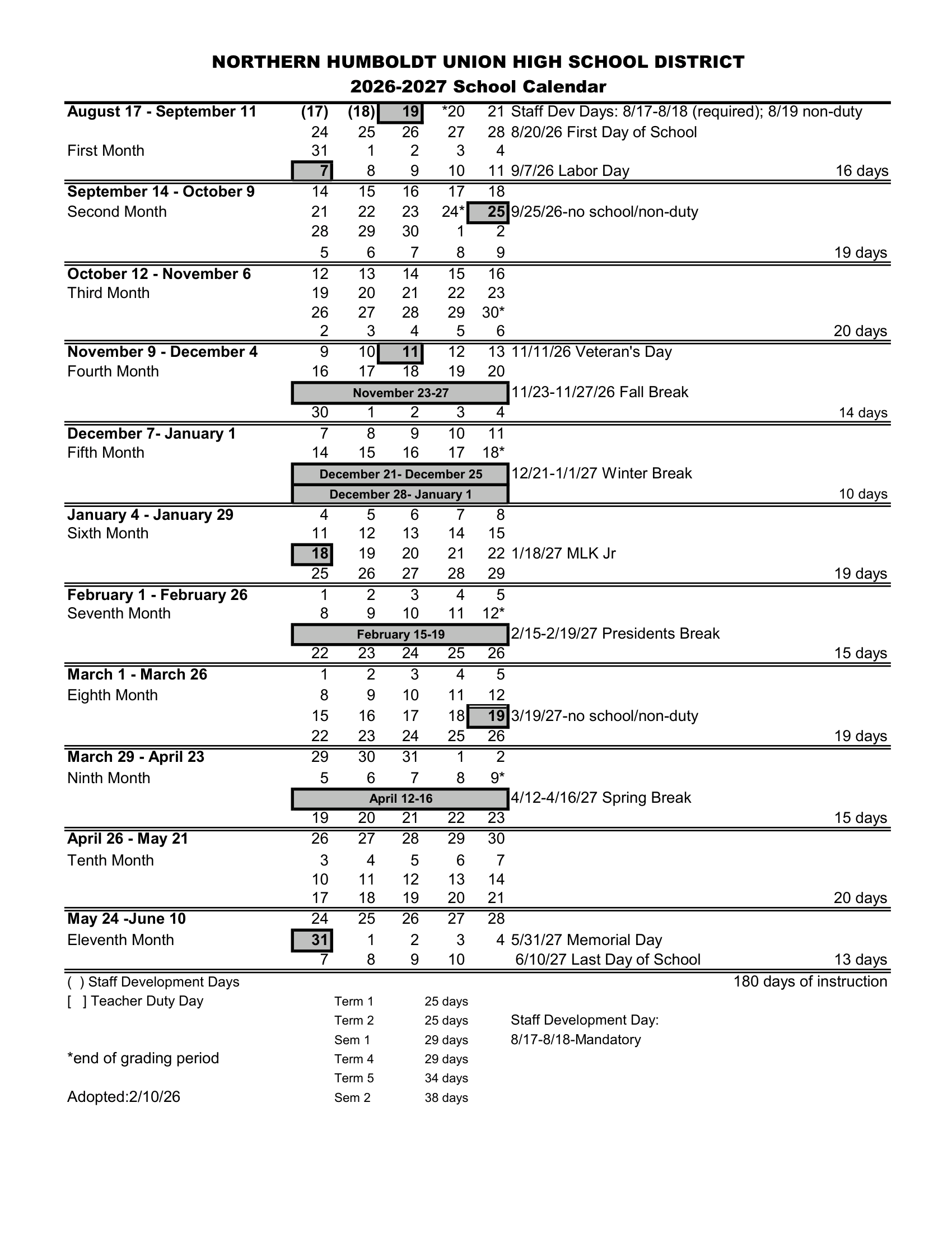 Northern Humboldt Union High School District 26-27 Calendar Updated [PDF]