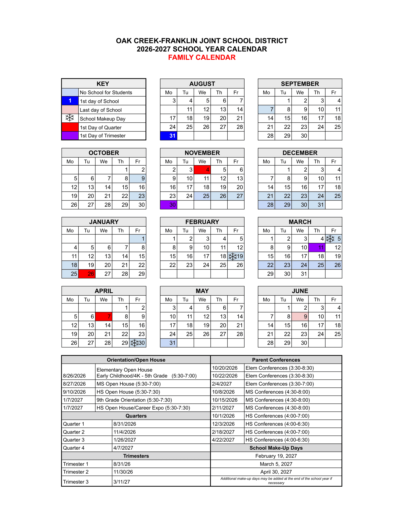 OAK CREEK-FRANKLIN JOINT SCHOOL DISTRICT Calendar 26-27 Updates