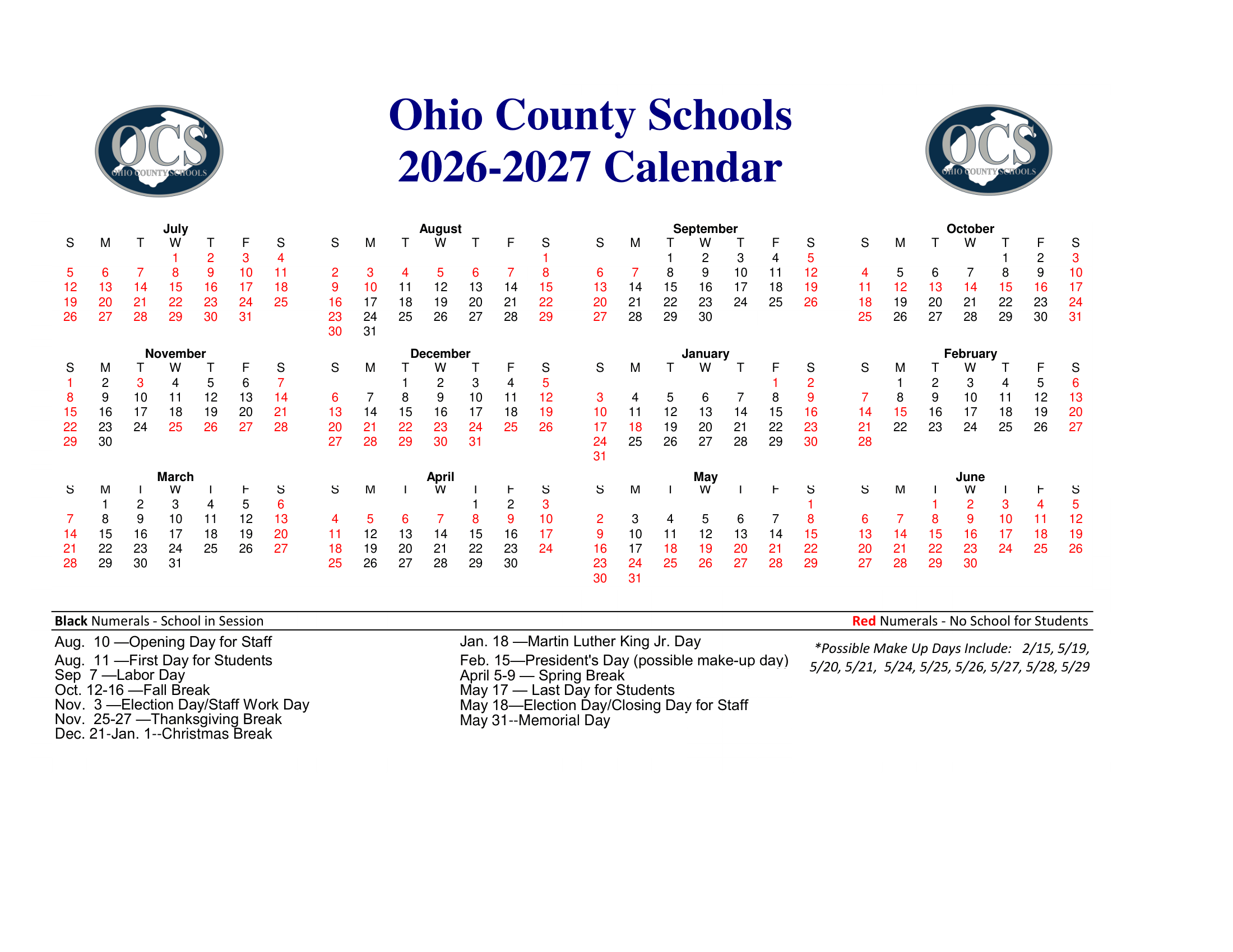 Ohio County Schools  ky 26-27 Calendar Revised
