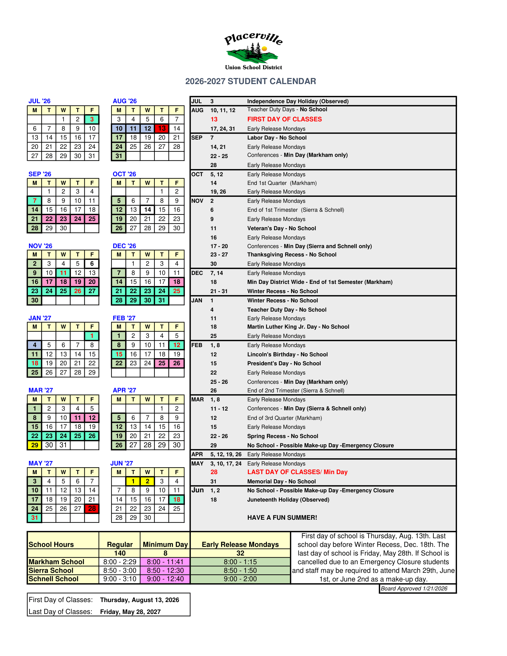 Placerville Union School District 26-27 Calendar Updated [PDF]