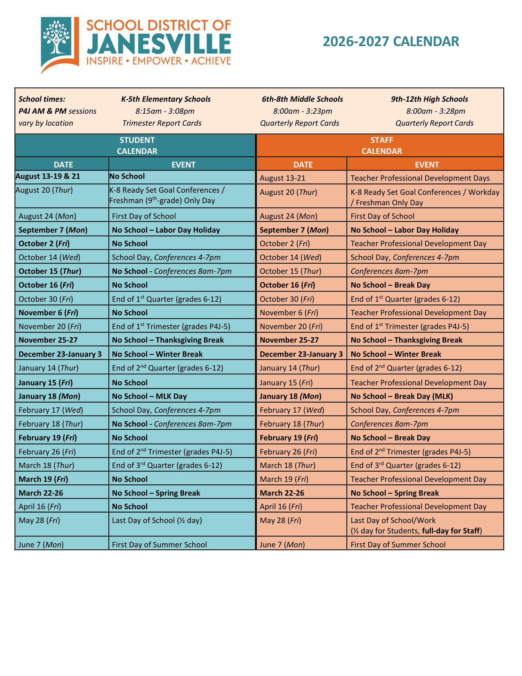 School District of Janesville Calendar 26-27 Updates