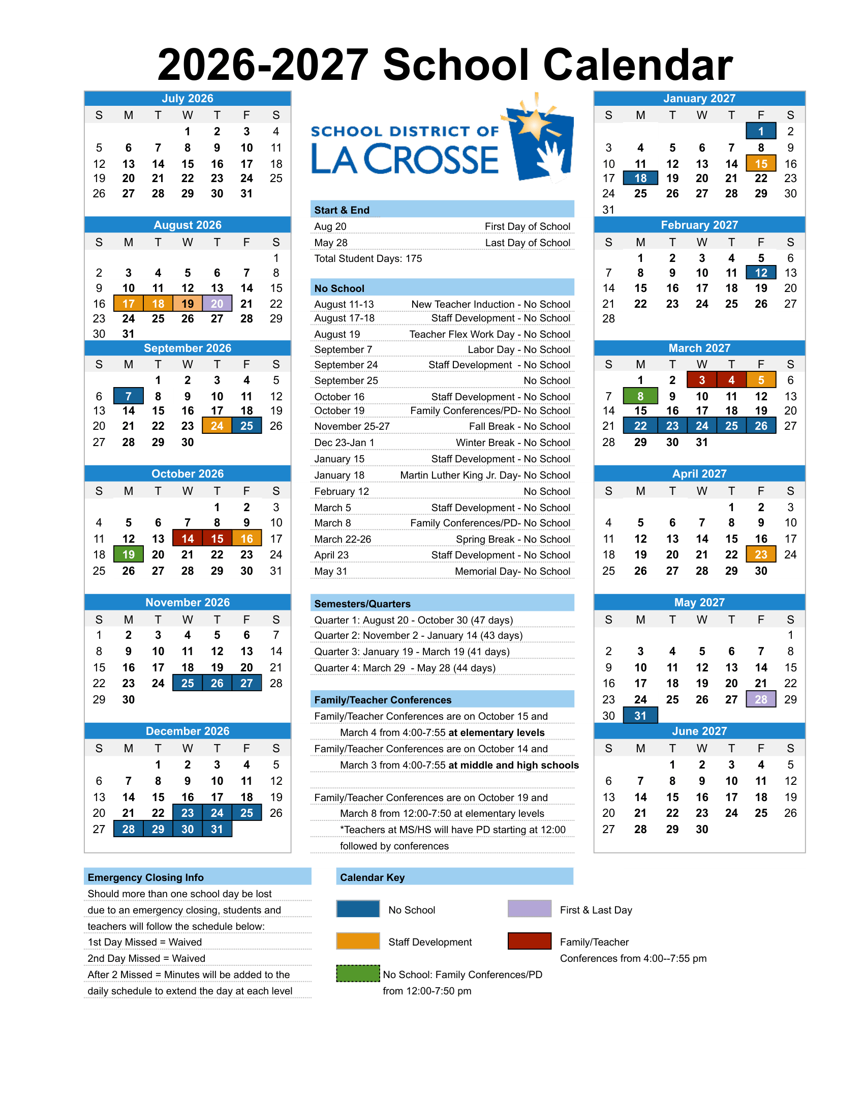 School District of LaCrosse Calendar 26-27 Updates