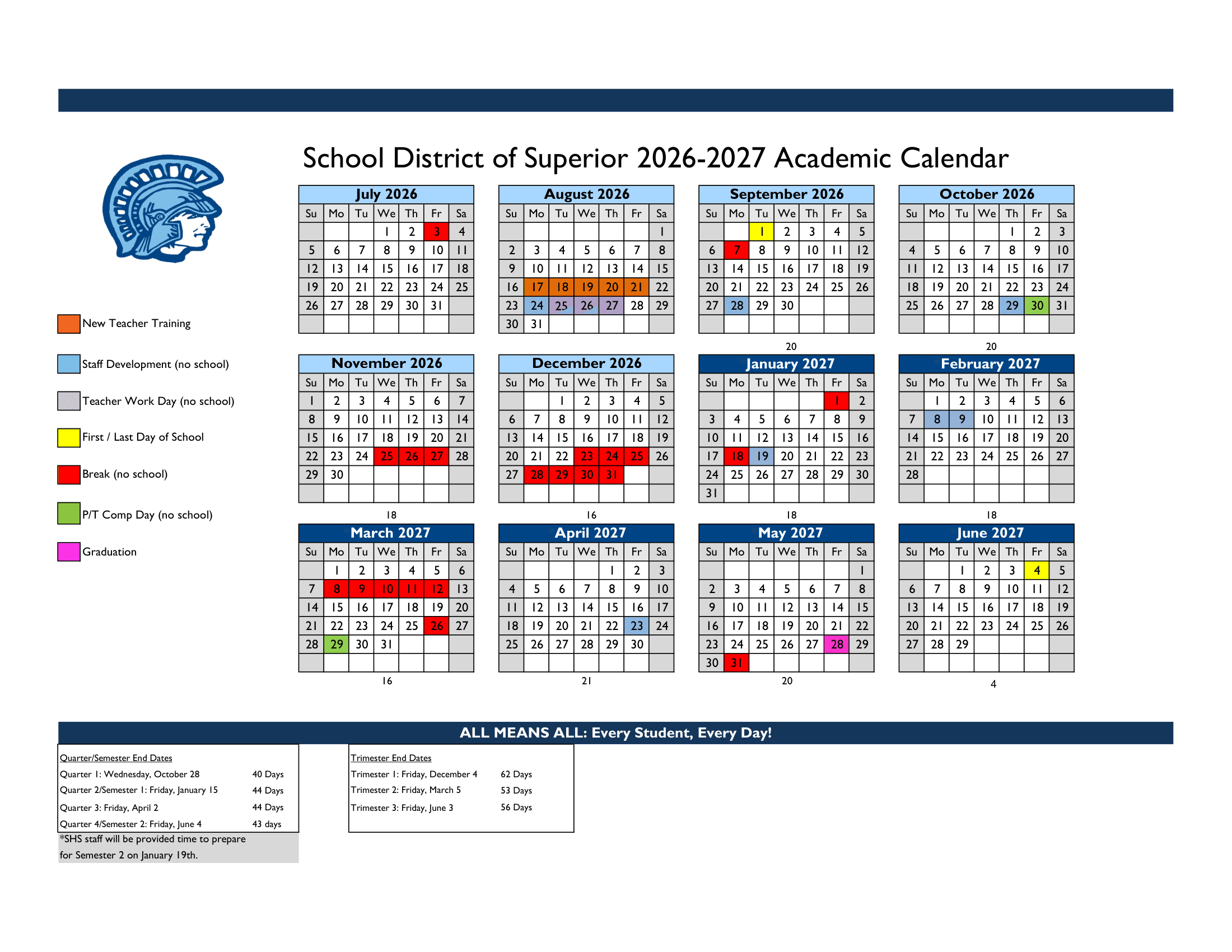  School District of Superior Calendar 26-27 Updates