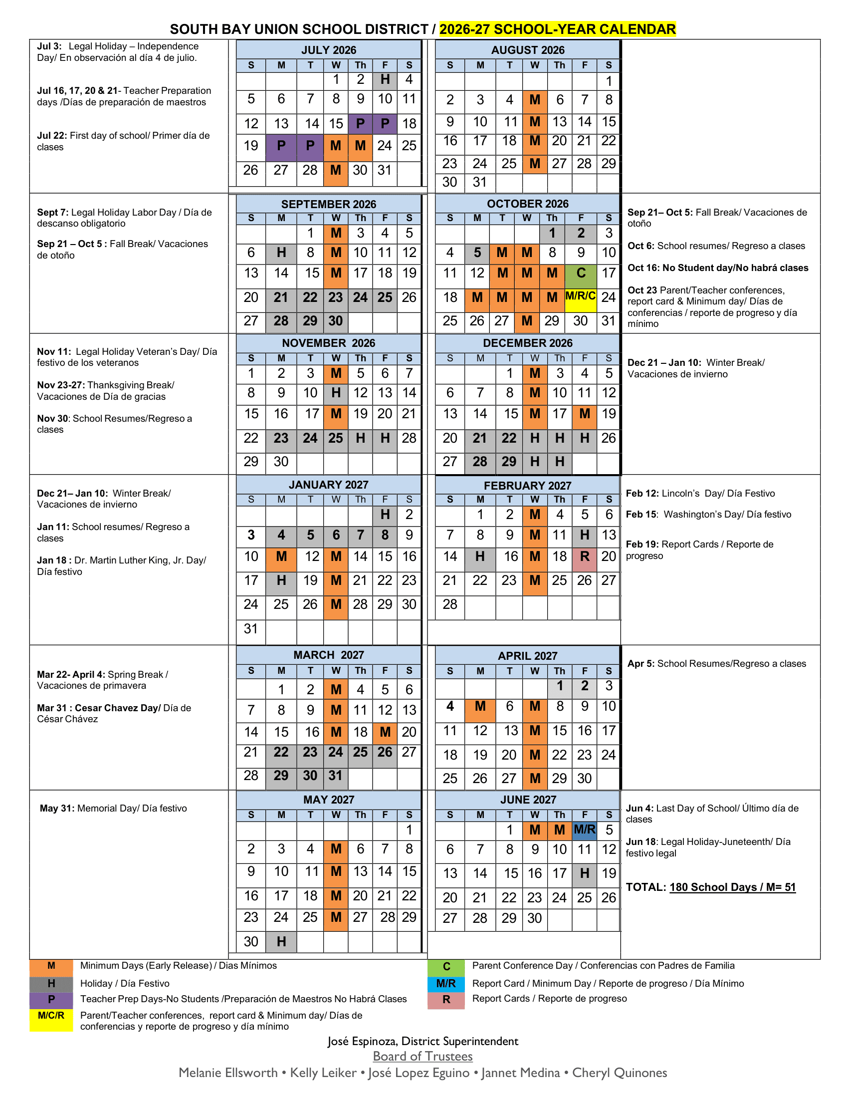 South Bay Union School District SBUSD 26-27 Calendar Updated [PDF]