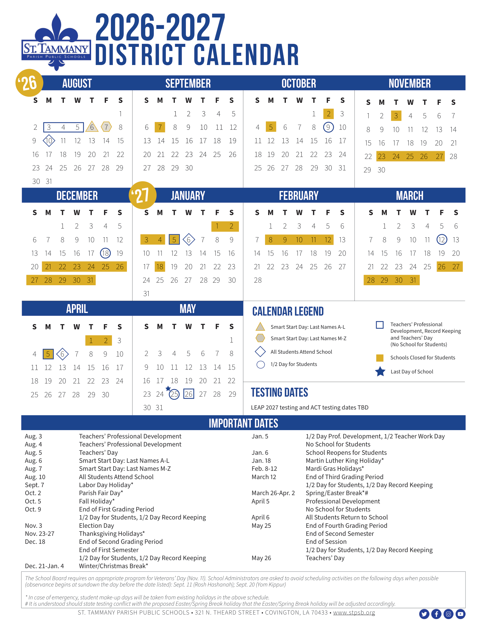 St. Tammany Parish Public Schools Calendar 26-27 Revised [PDF]