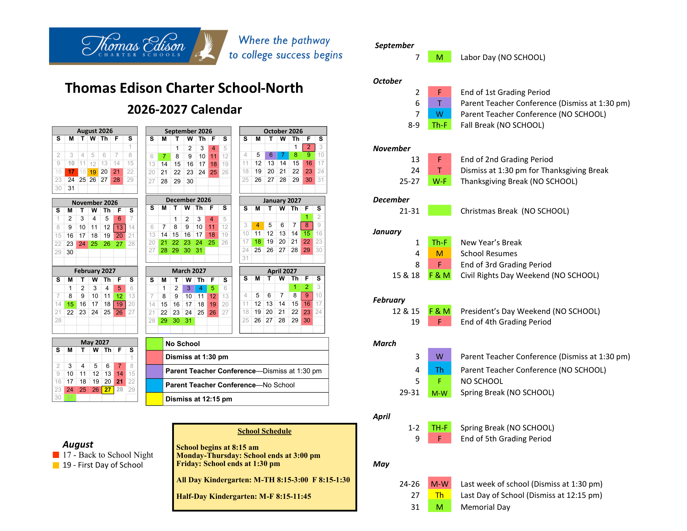 Thomas Edison Charter School-North  26-27 Calendar Revised [PDF]