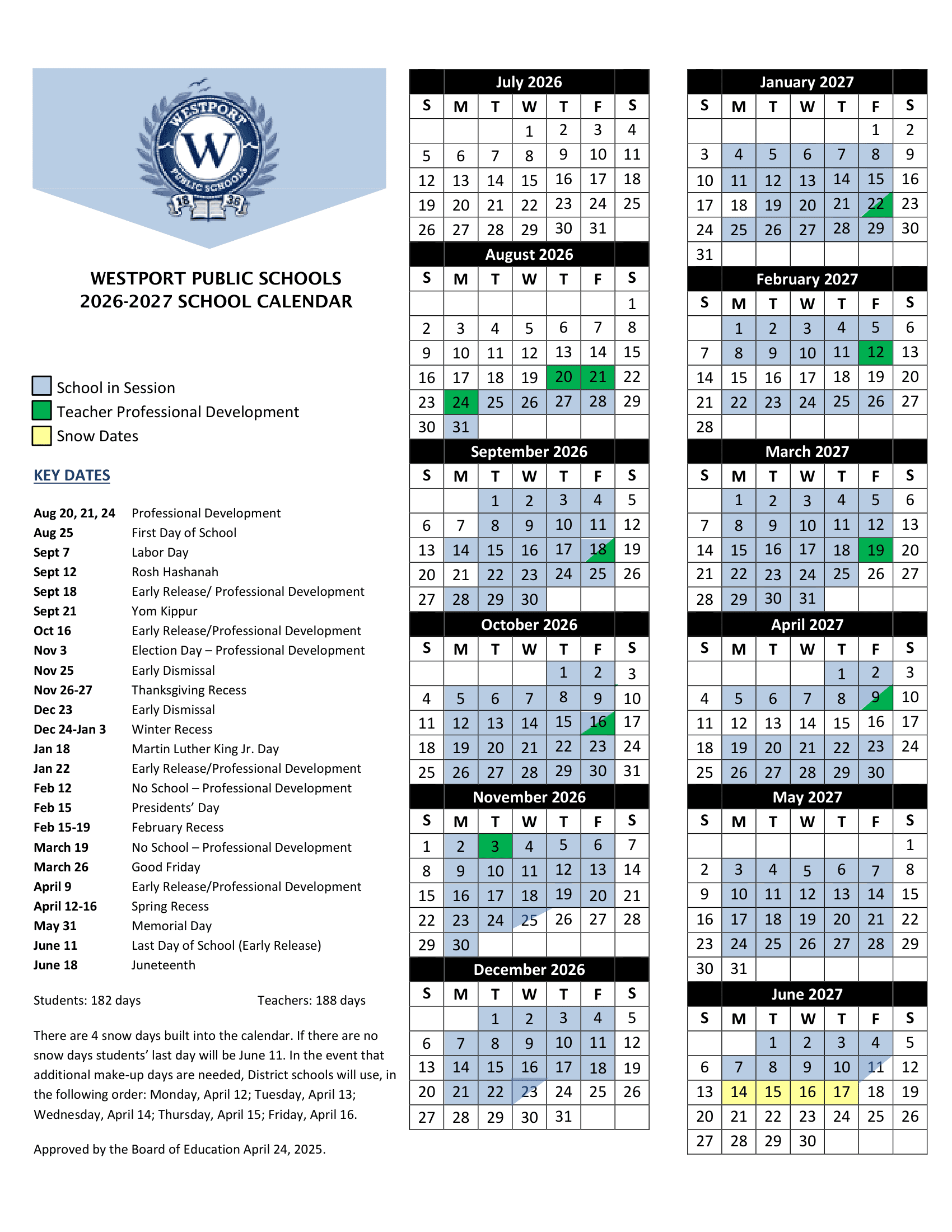 Westport Public Schools Calendar 26-27 Updated [PDF]