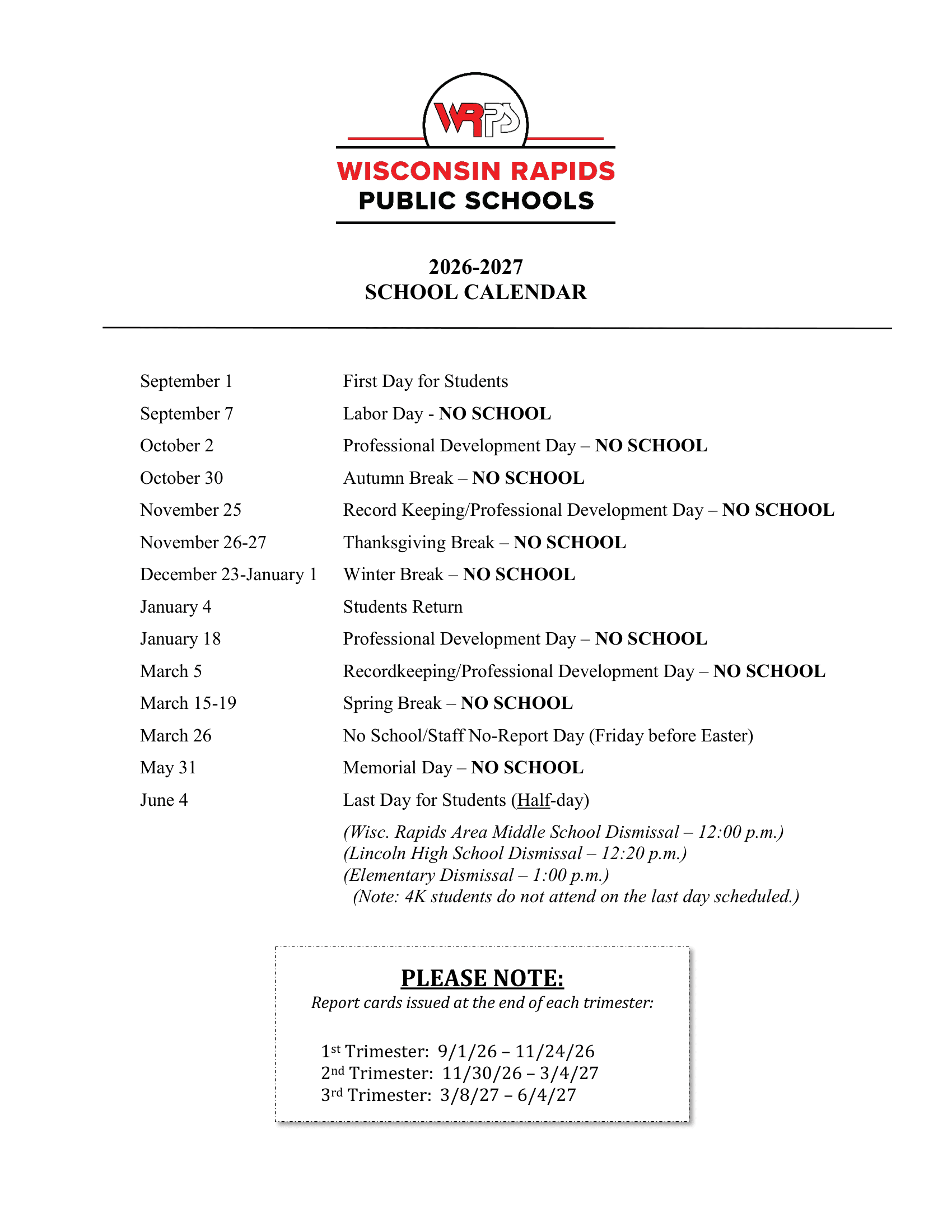 Wisconsin Rapids Public Schools District 26-27 Updates