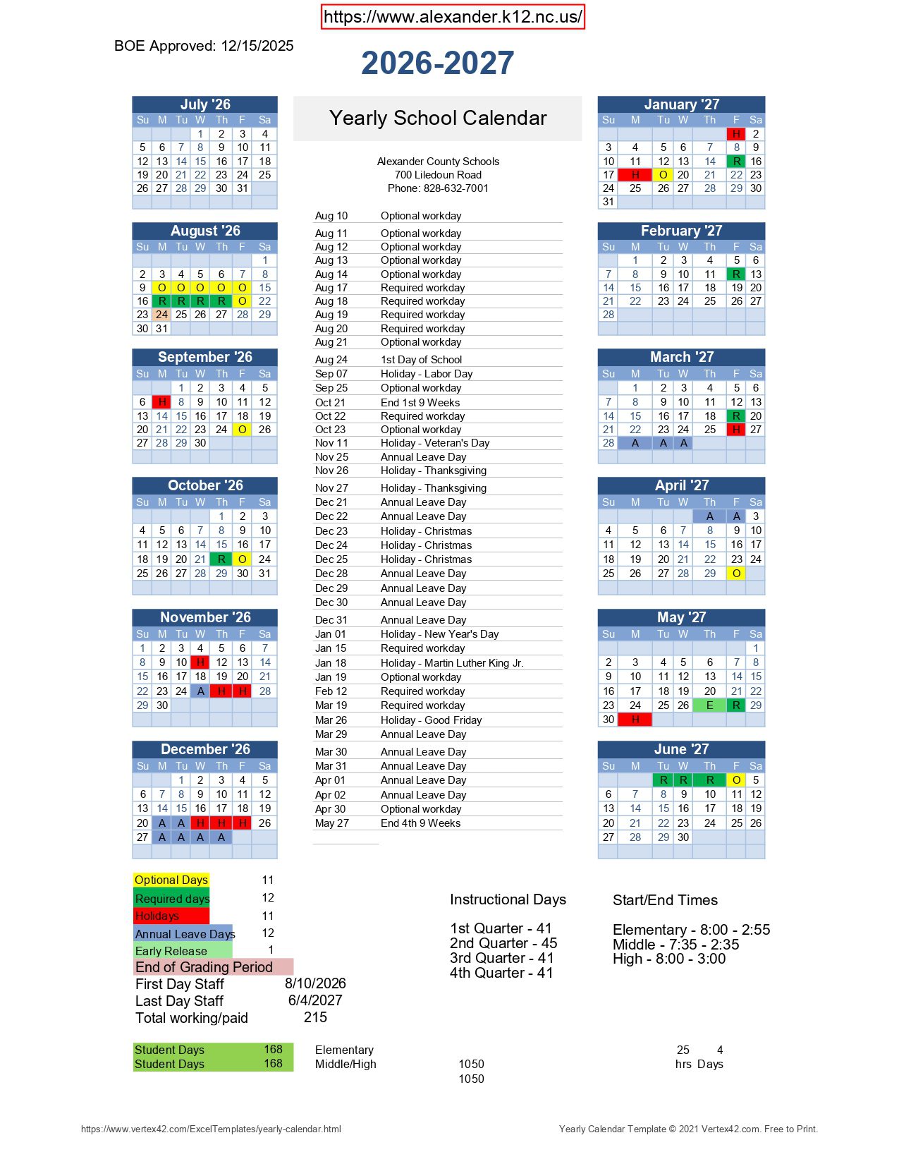 Alexander County Schools Calendar 26-27 [PDF]