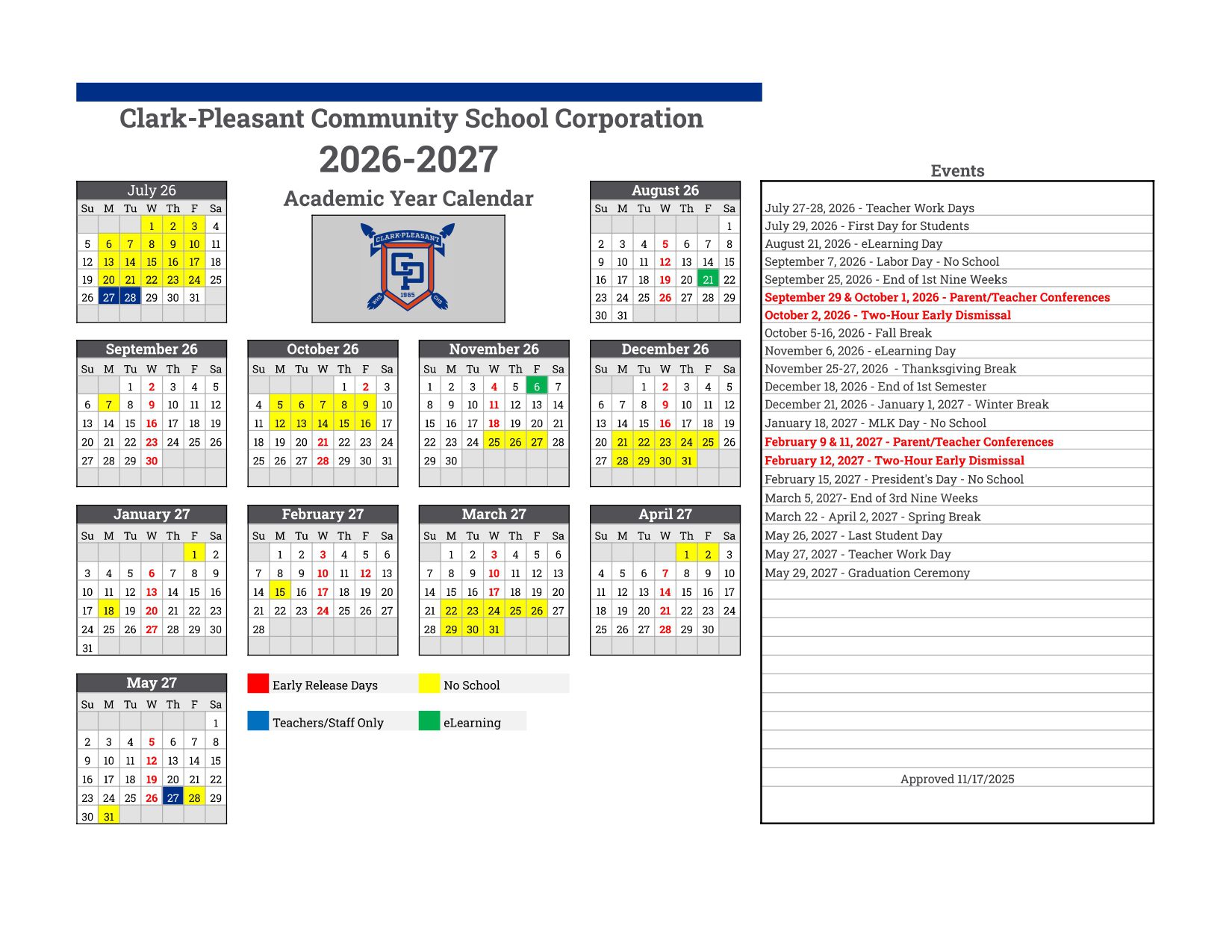 Clark-Pleasant Community School  Calendar 26-27 [PDF]