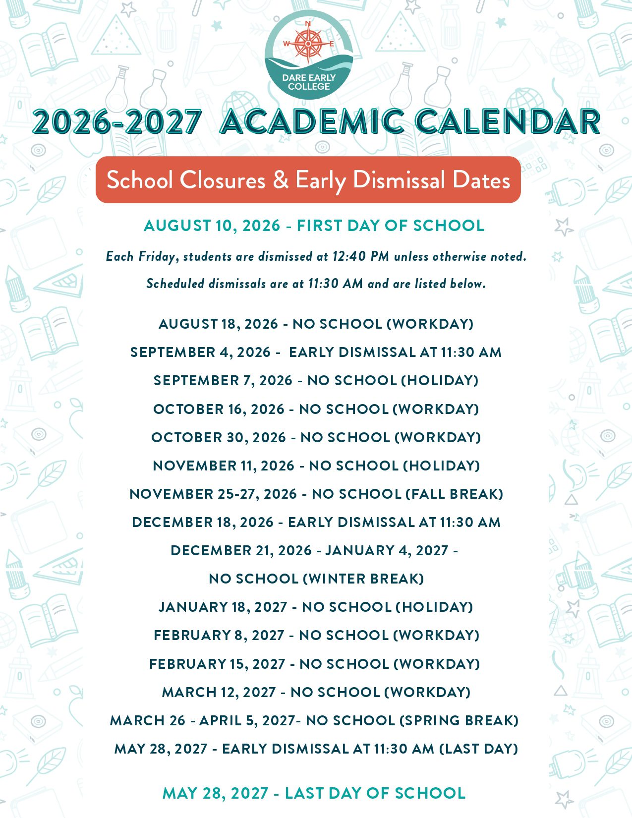 DARE EARLY COLLEGE  26-27 Calendar [PDF] Updates