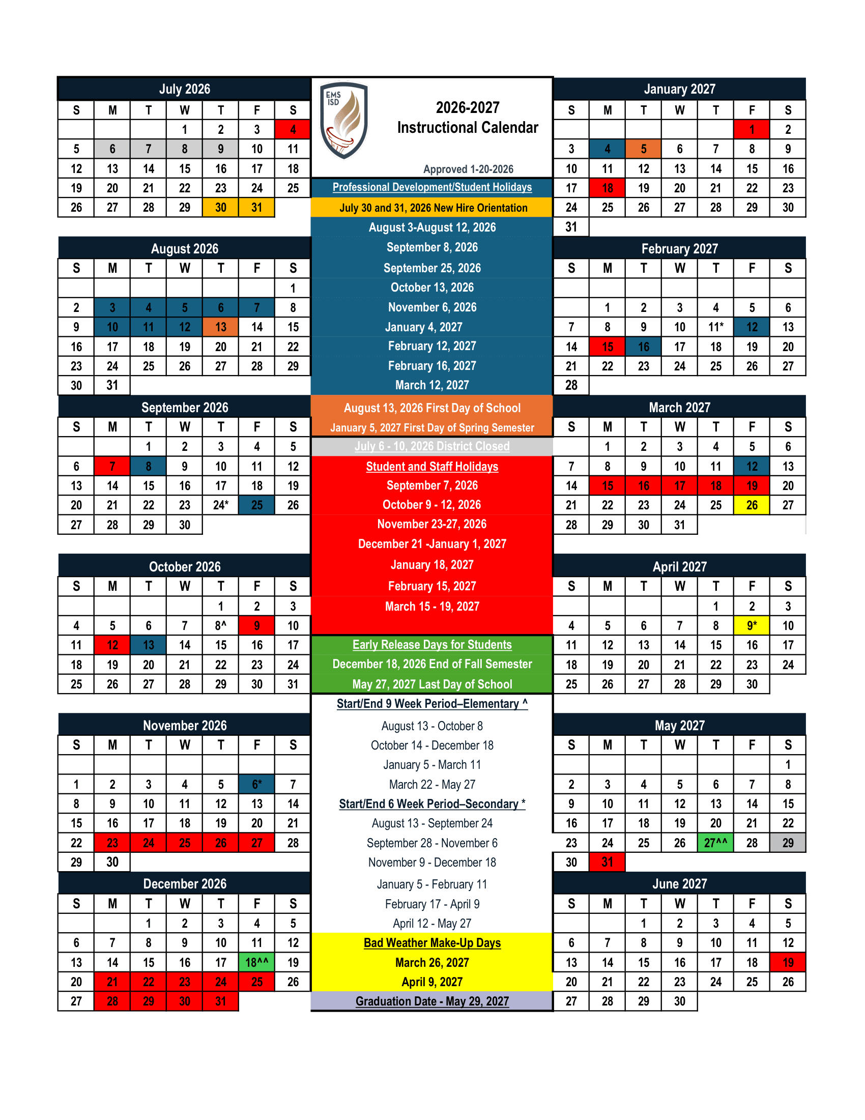 Eagle Mountain-Saginaw EMS ISD Calendar 26-27 Updated 