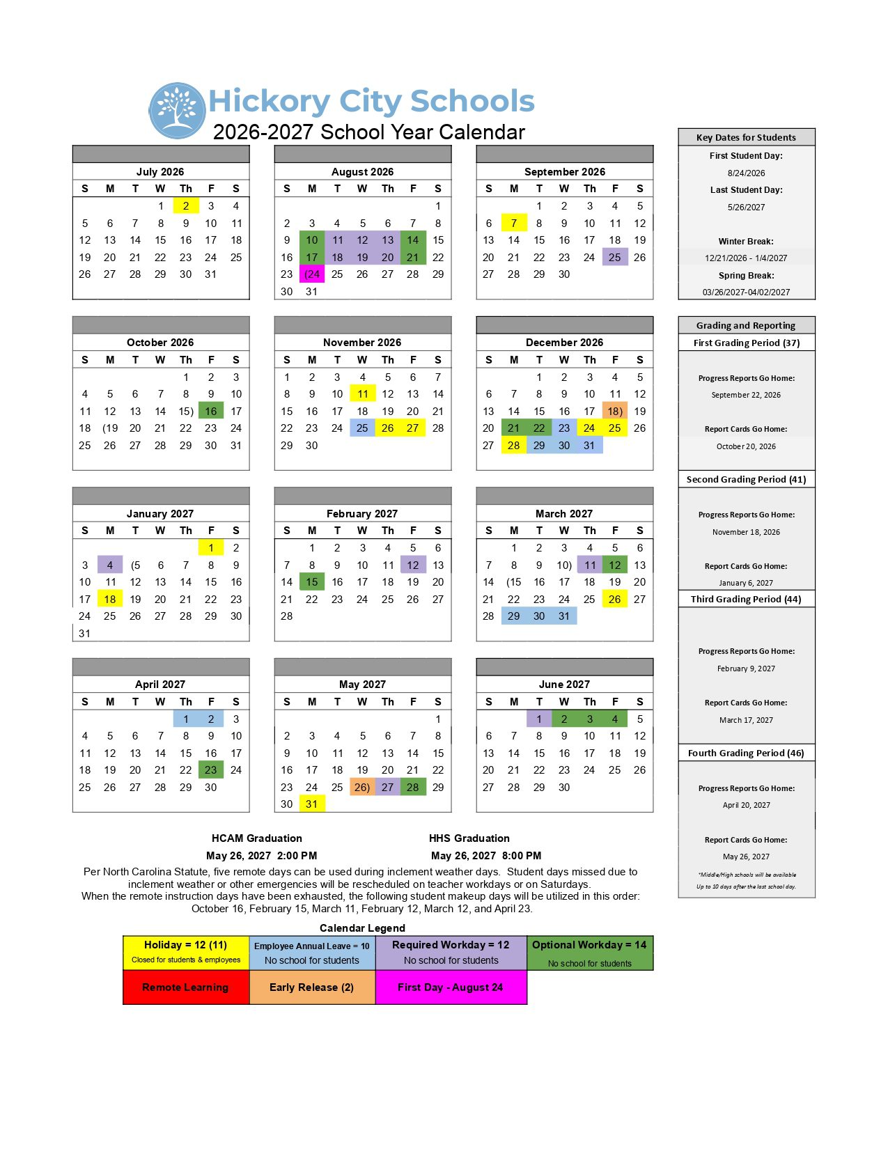Hickory City Schools Calendar 26-27 [PDF]