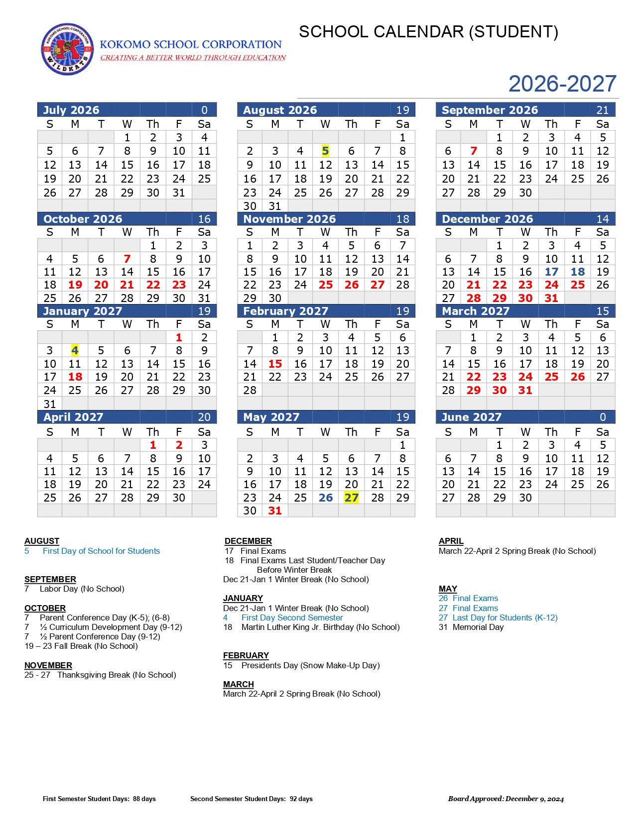 Kokomo School Corporation IN Calendar 26-27 [PDF]