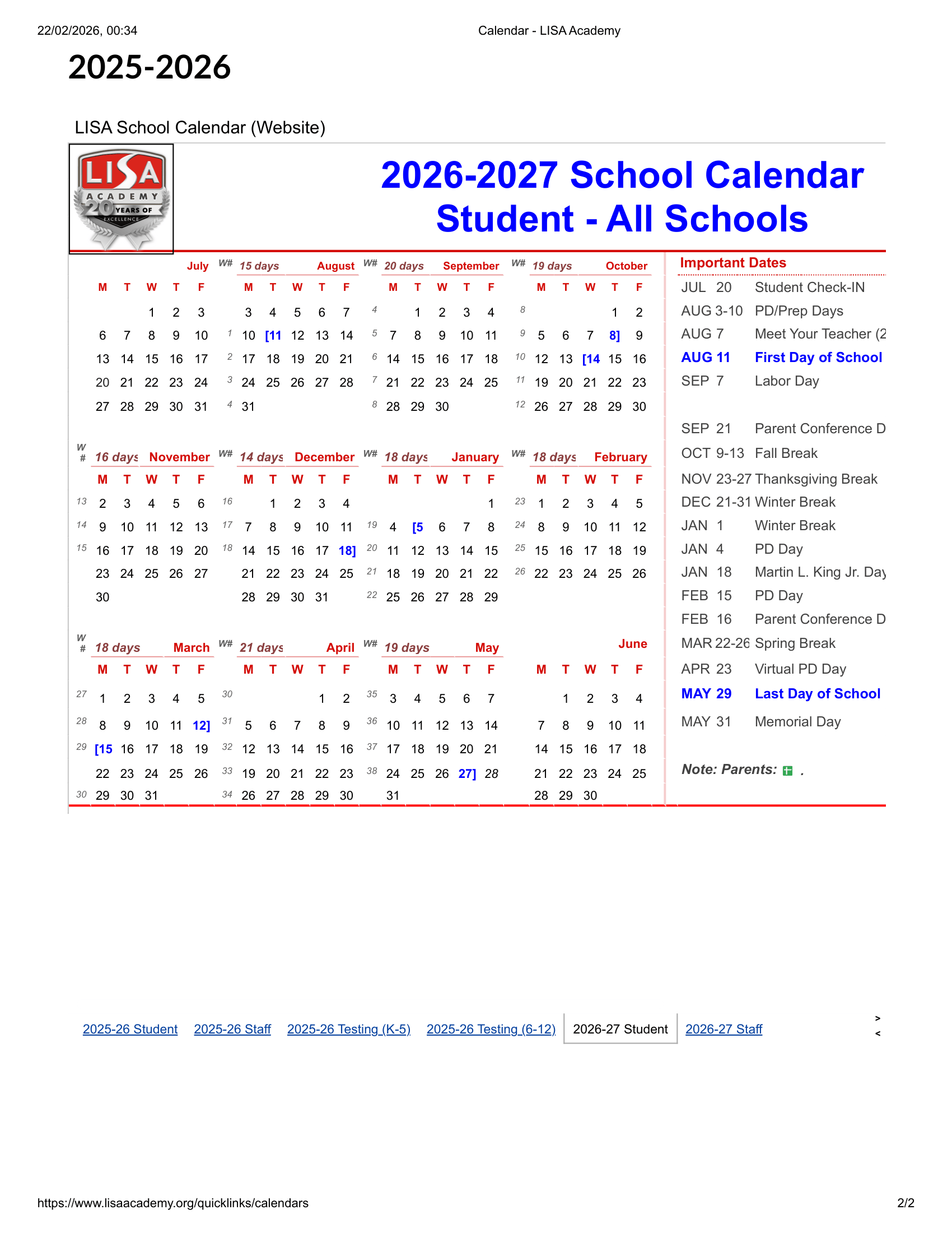 LISA Academy 26-27 Calendar Updates [PDF]