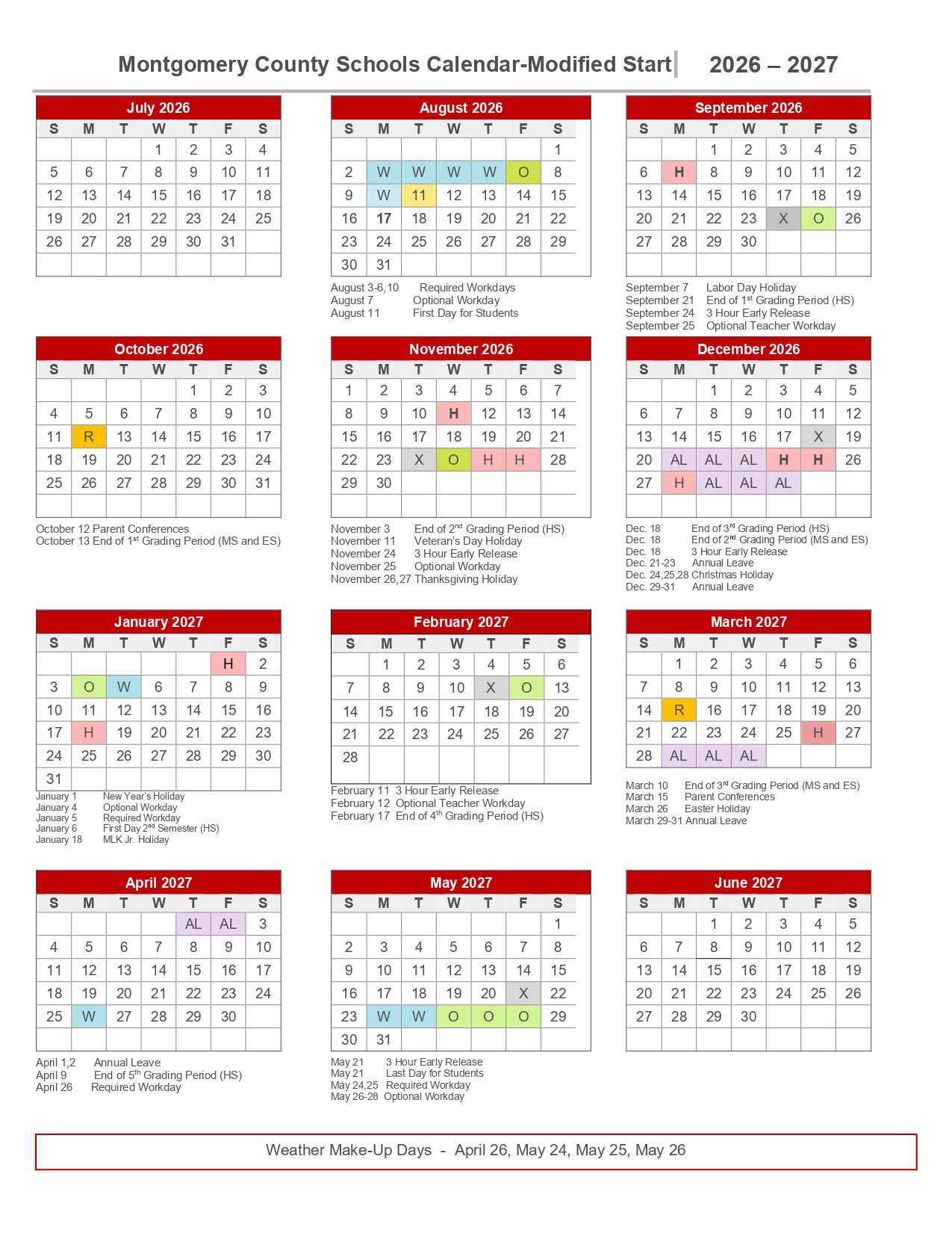 Montgomery County Schools  26-27 Calendar [PDF] Updates