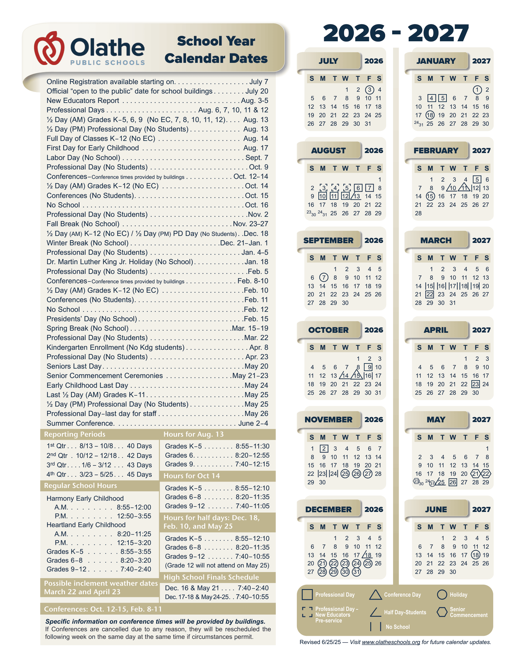 Olathe Public Schools USD 233 26-27 Calendar Updated