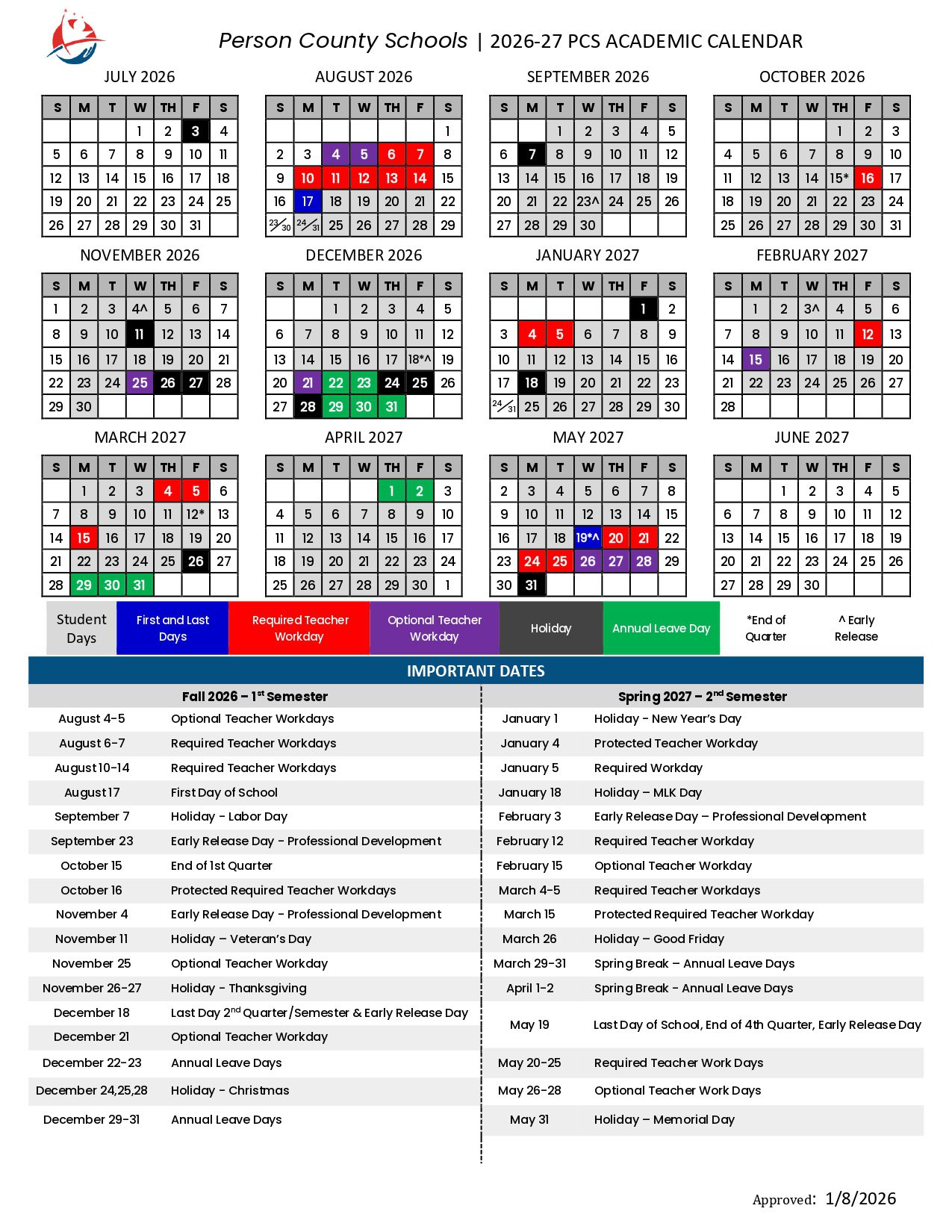 Person County Schools 26-27 Calendar [PDF] Updates