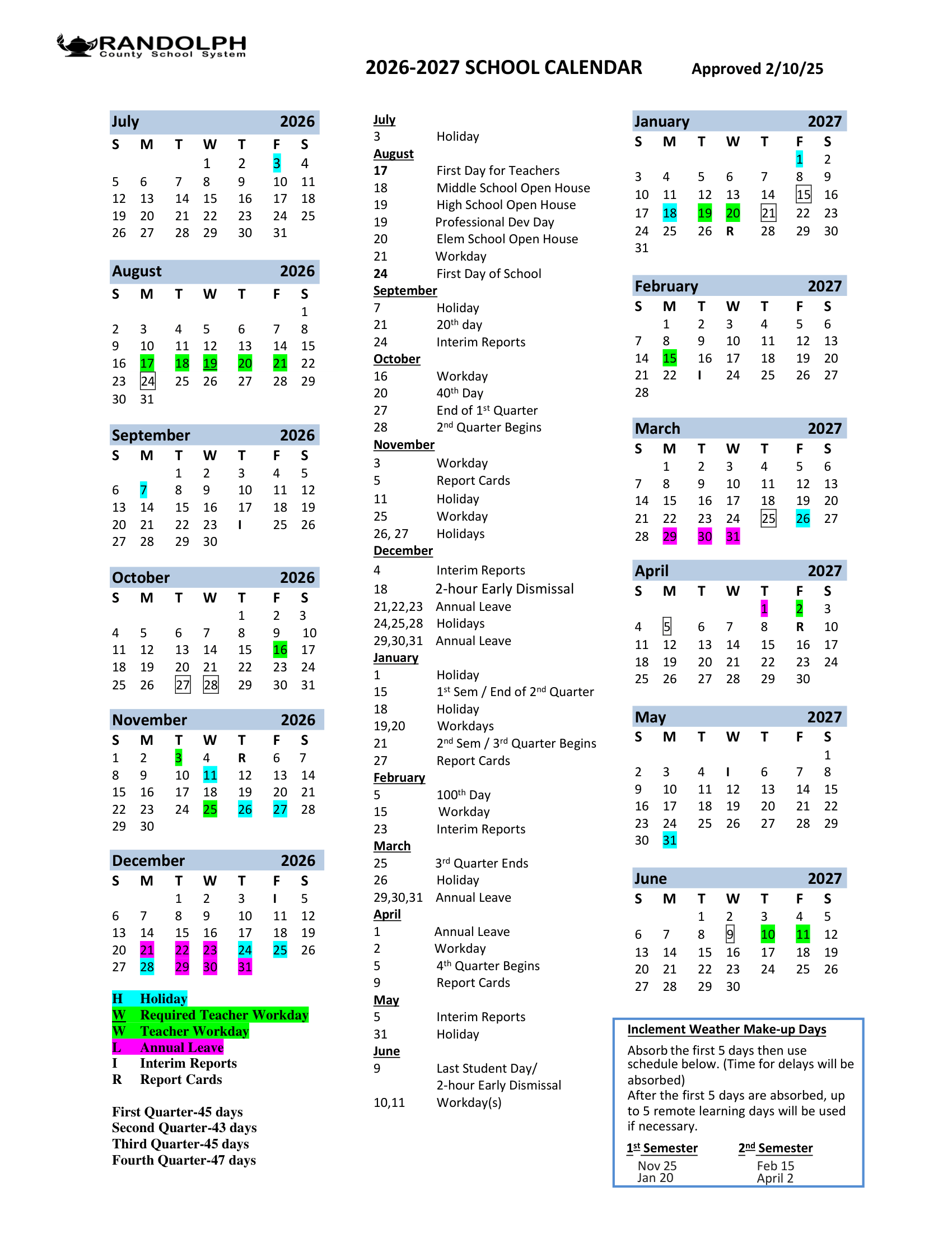 Randolph County School System  26-27 Calendar Revised [pdf]