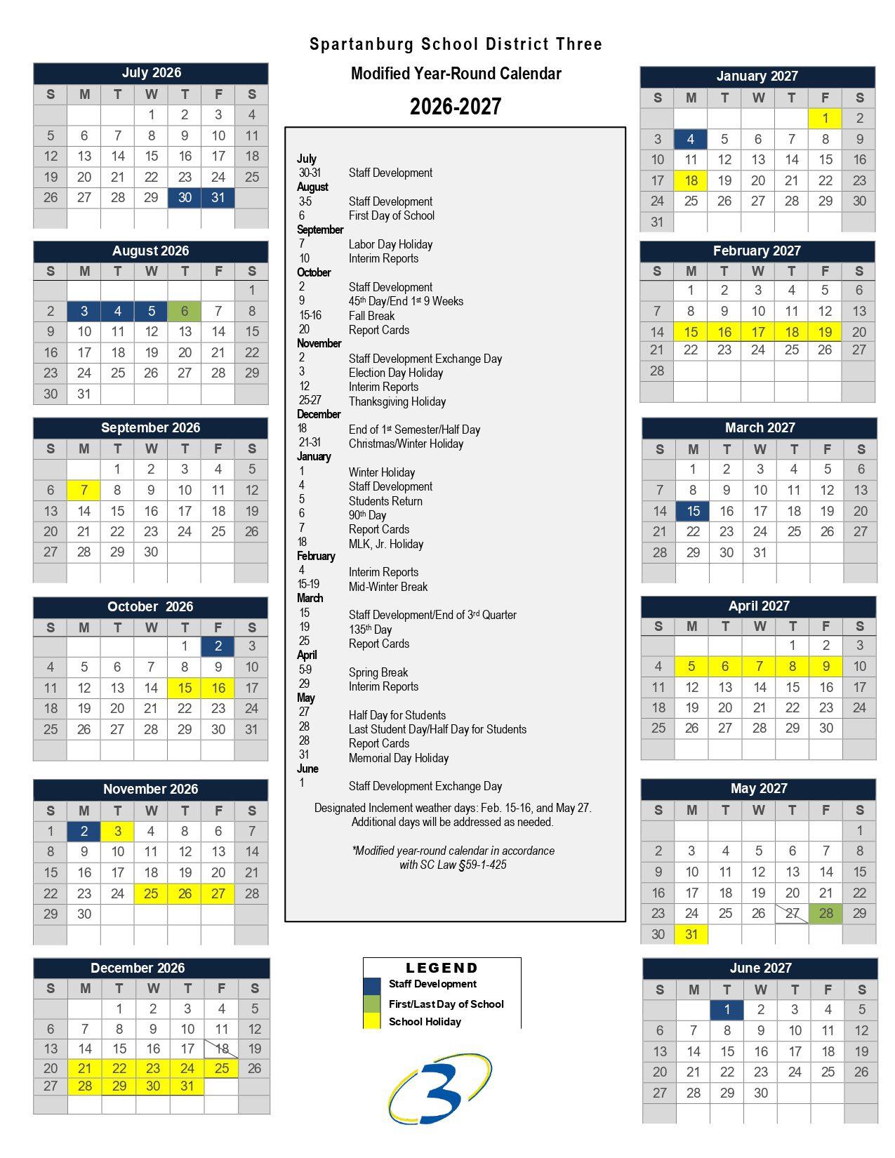 Spartanburg School District Three Calendar 26-27 Revised [PDF]