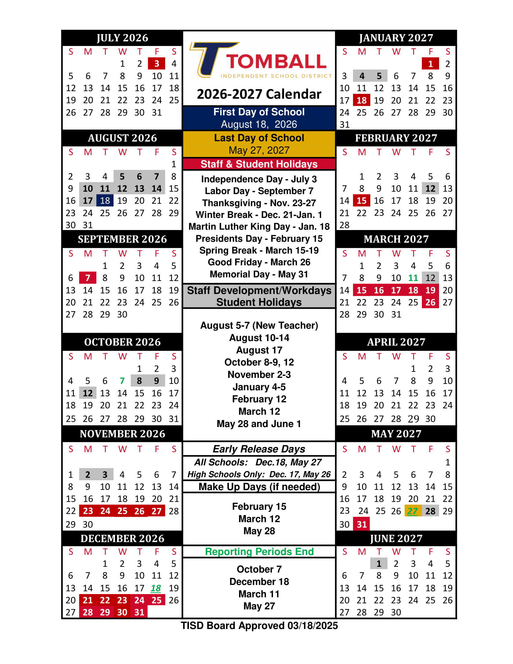 Tomball Isd Calendar 26-27 Calendars [PDF]