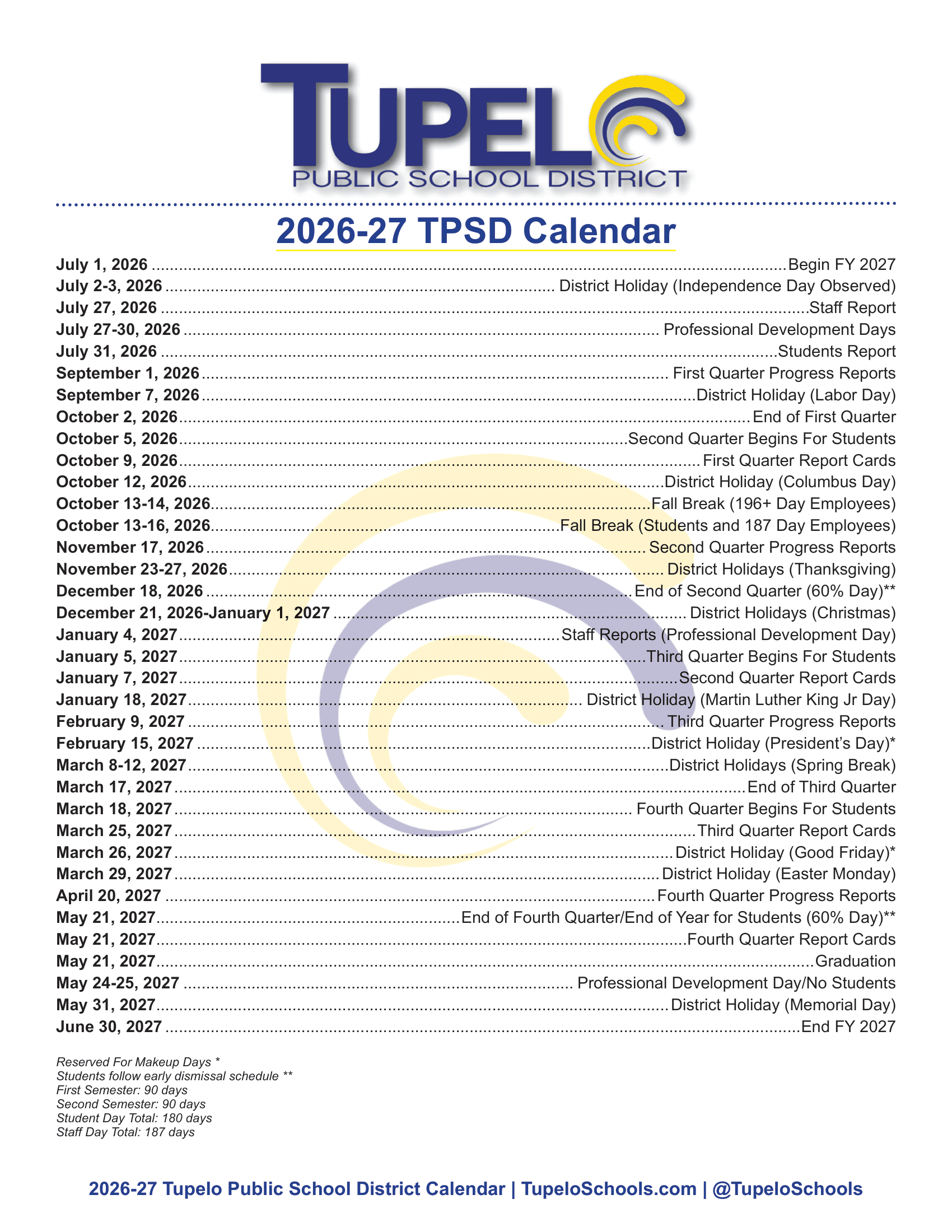 Tupelo Public School District ms 26-27 Calendar UPDATED [PDF]