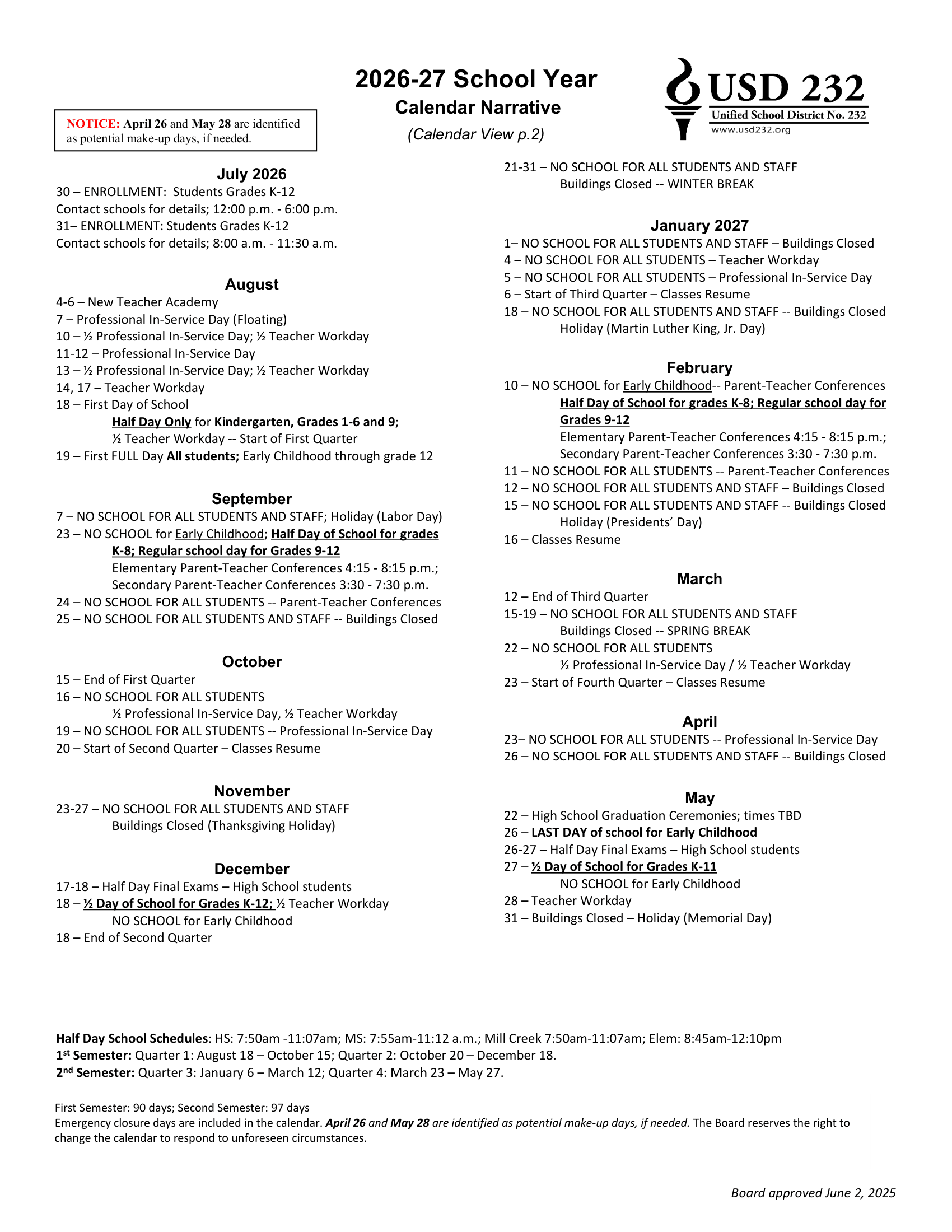 USD 232 Unified School District No. 232 26-27 Calendar Updated