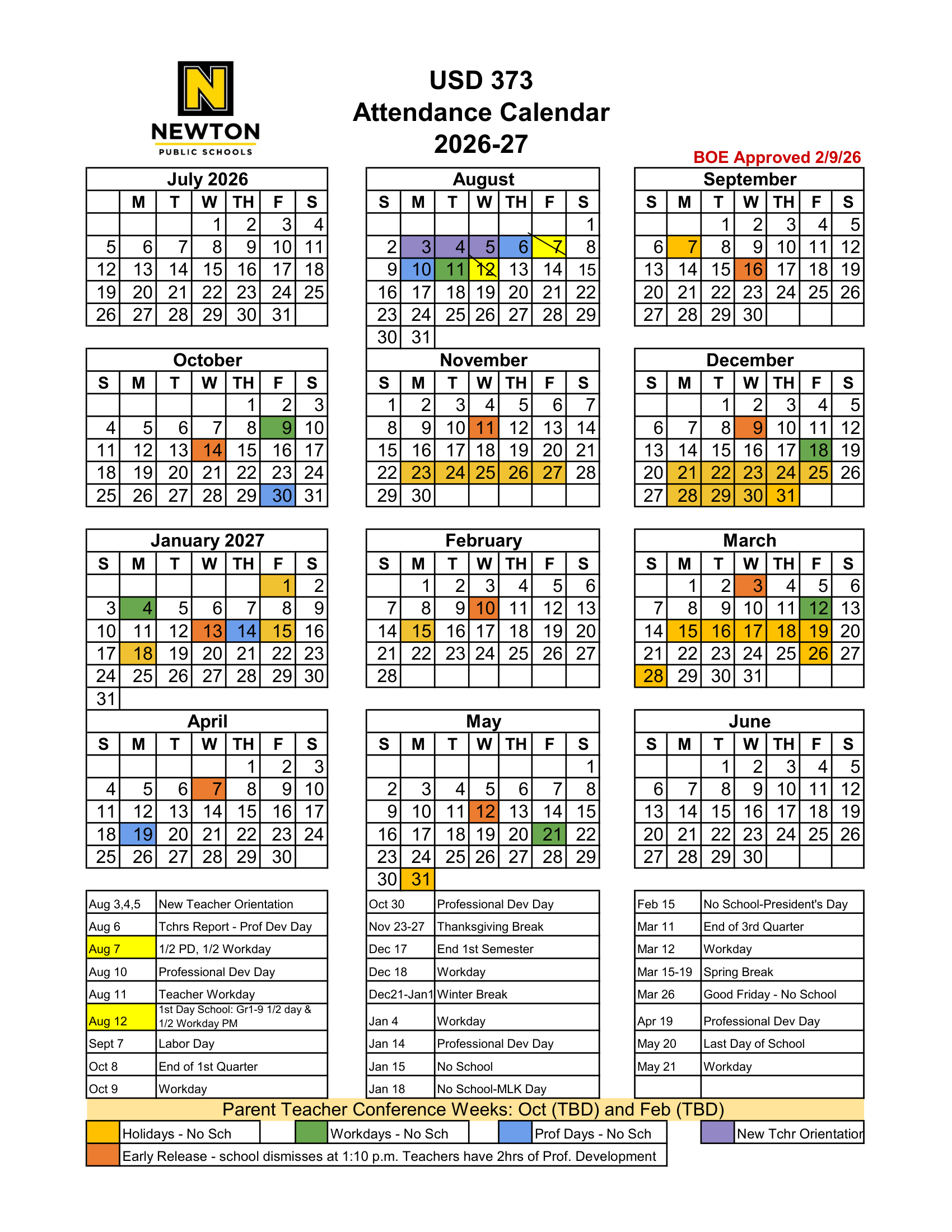 USD 373 Newton Public Schools 26-27 Calendar Updated