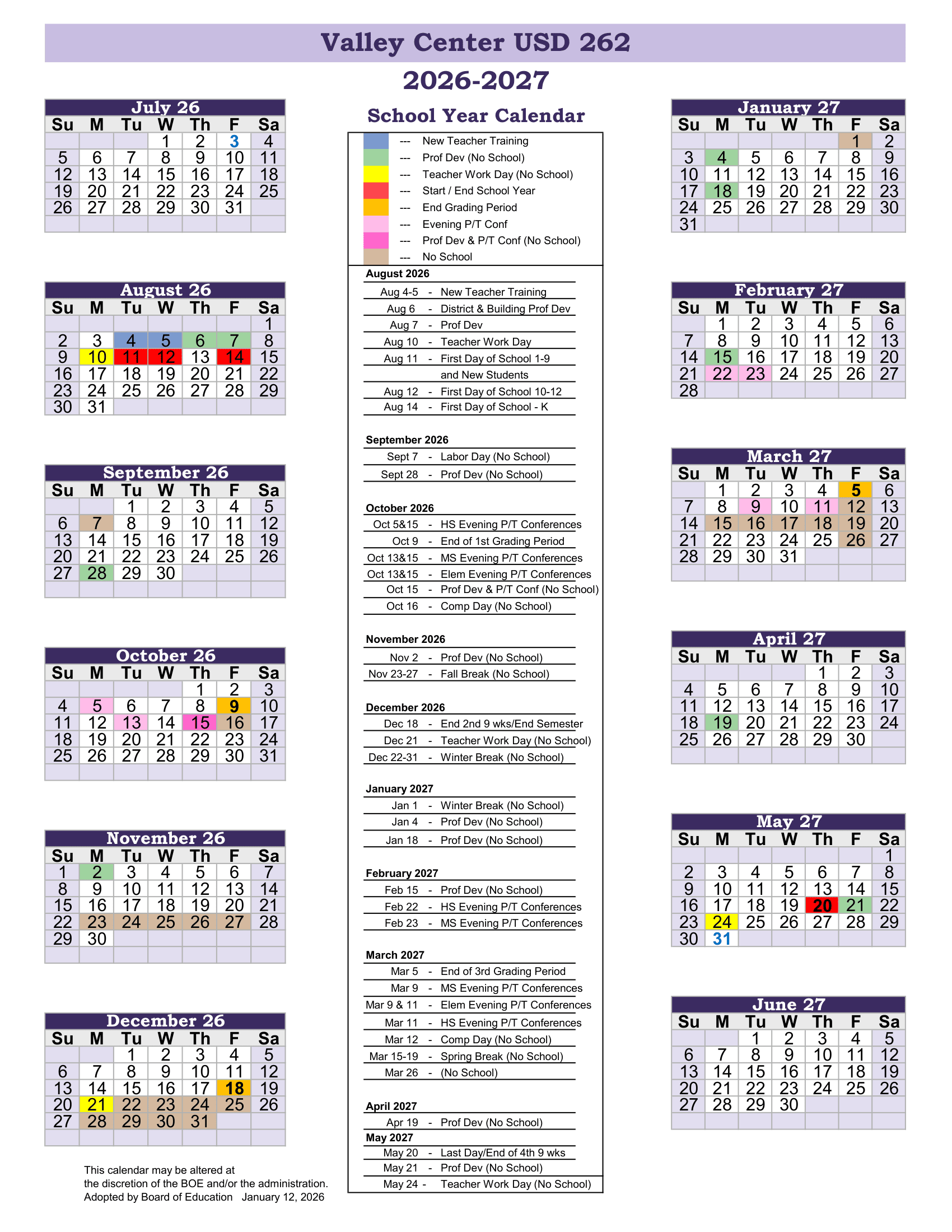 Valley Center USD 262 26-27 Calendar Updated