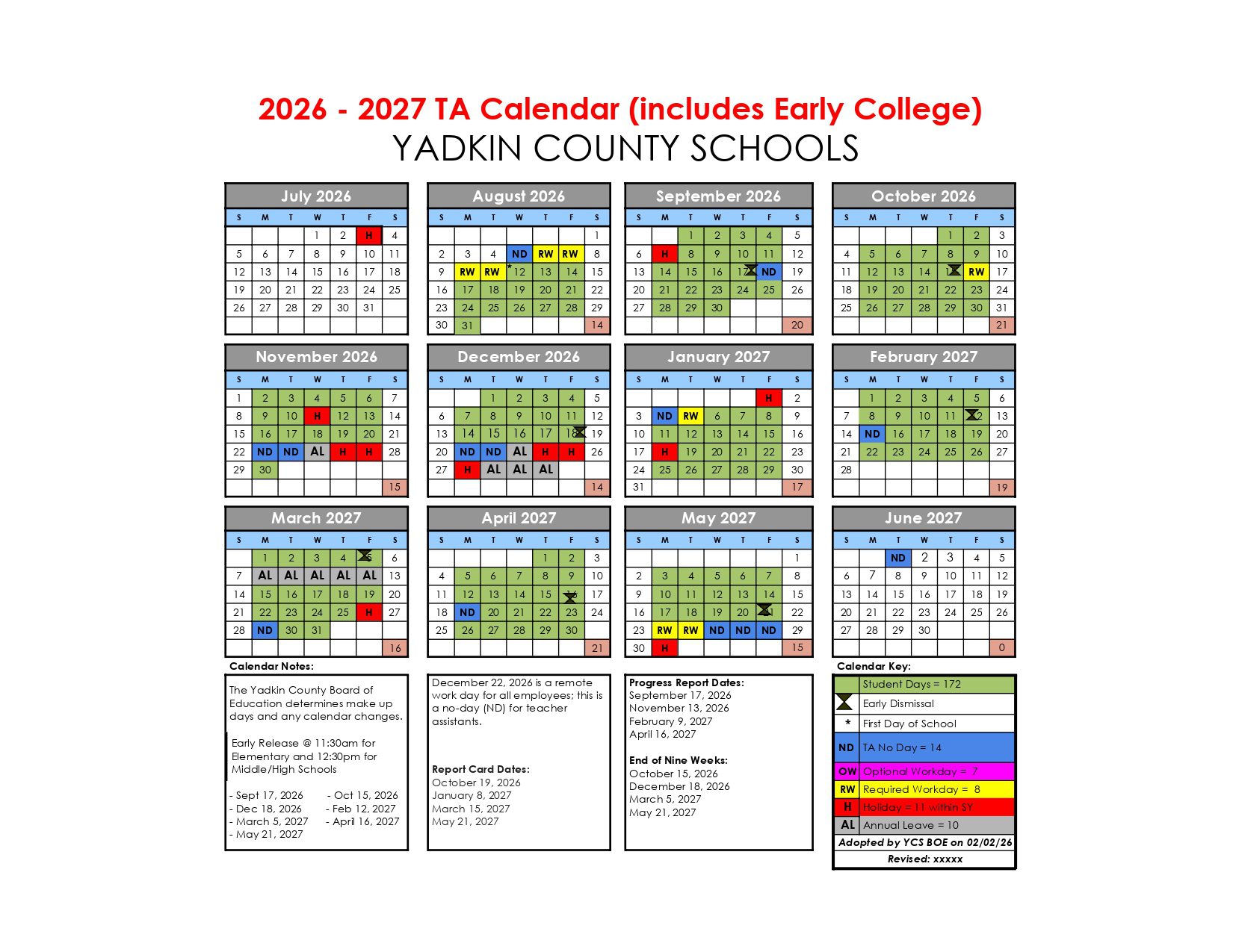 Yadkin County Schools  26-27 Calendar [PDF] Updates