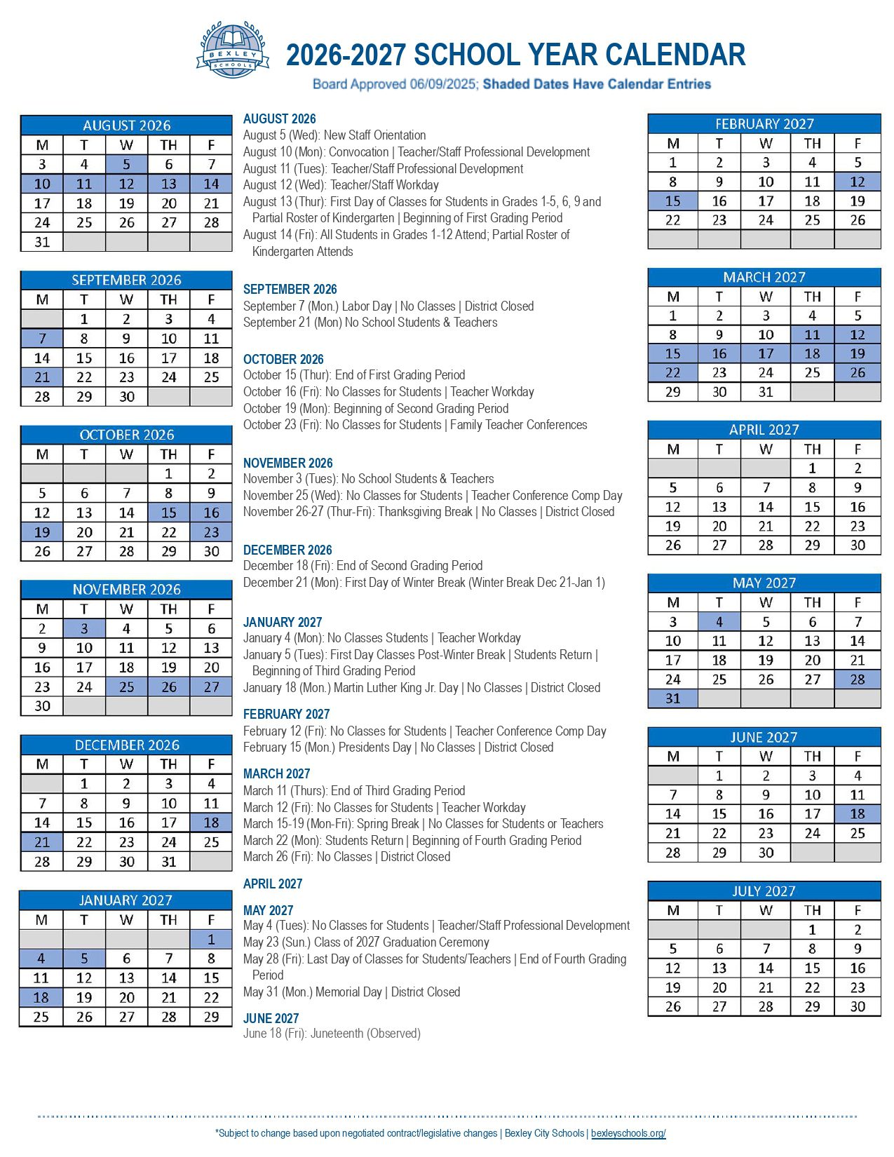 Bexley City Schools District Calendar 26/27 