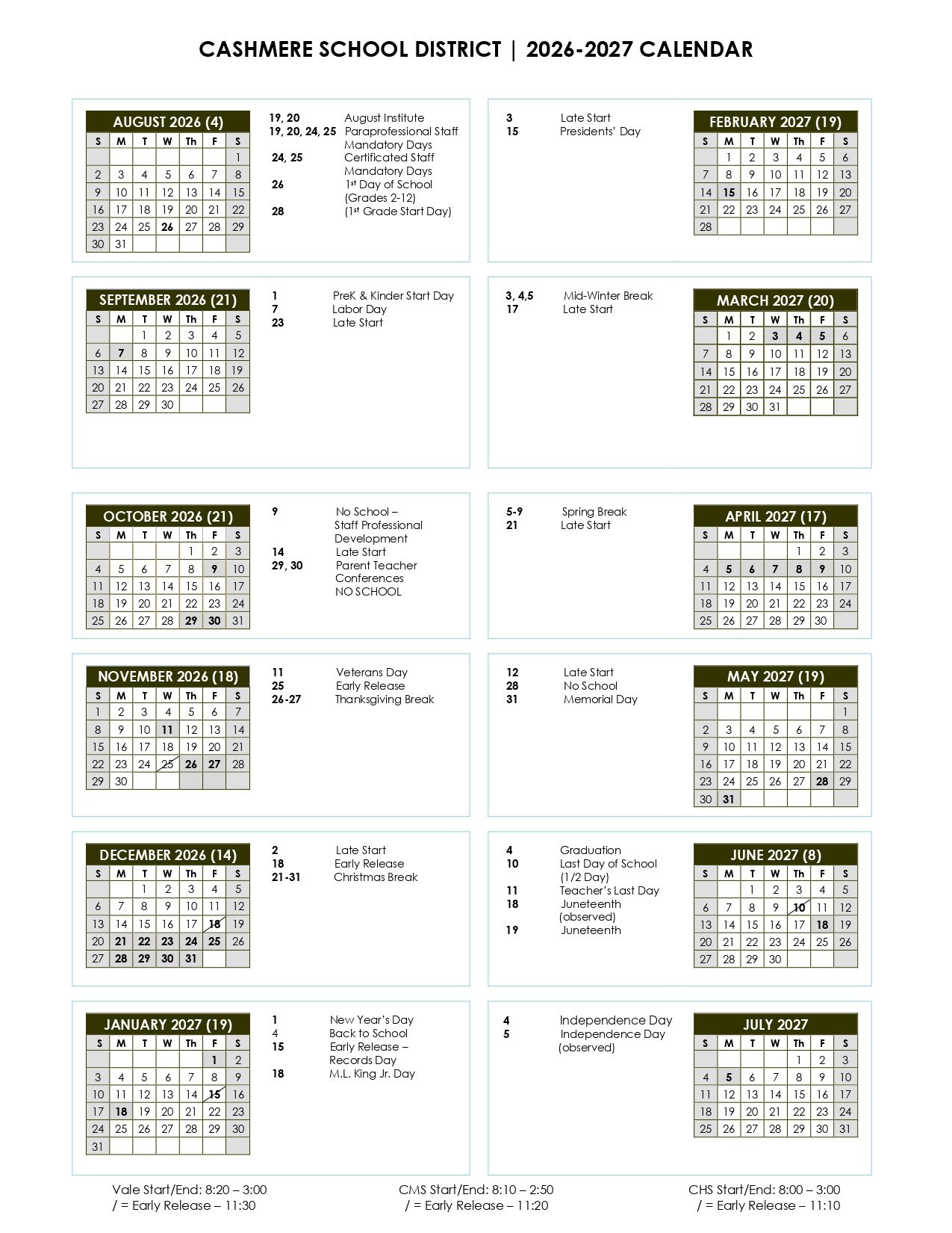 CASHMERE SCHOOL DISTRICT  WA Calendar 26/27 Updated