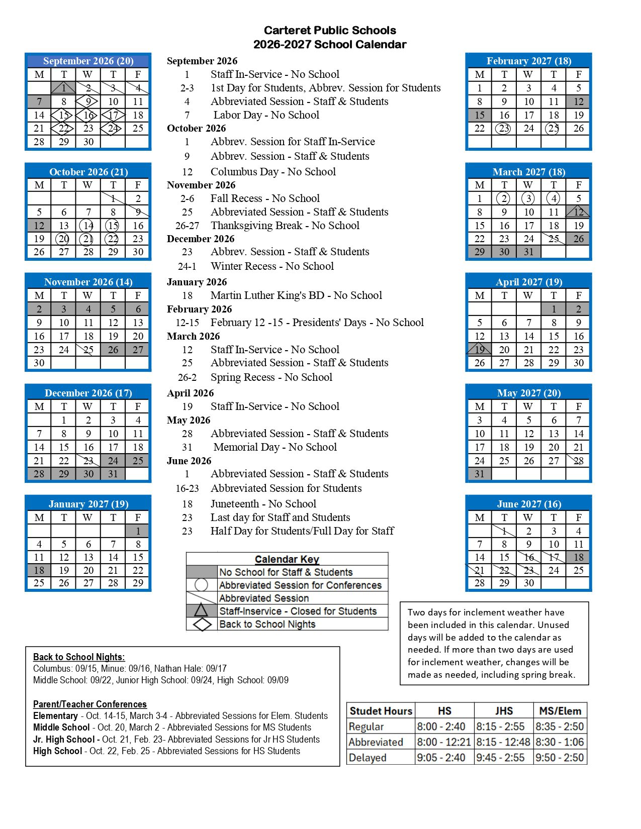 Carteret Public Schools 26-27 Calendar