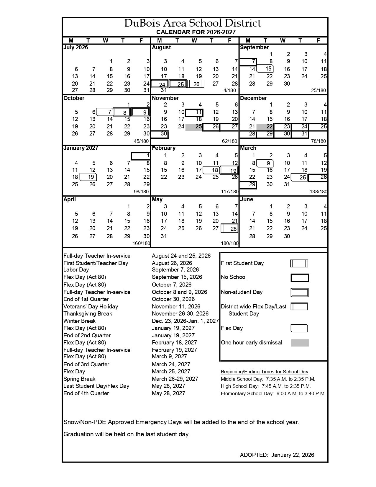 DuBois Area School District PA Calendar 26-27 Updates